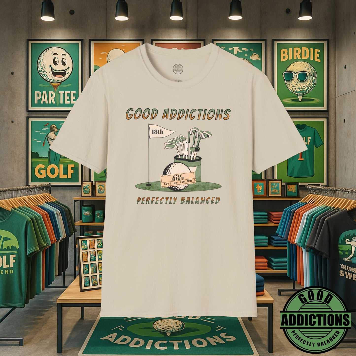 Perfectly Balanced Golf T-Shirt – “Good Addictions” Tee for Calm Competitors, Swing Seekers & Fairway Lovers