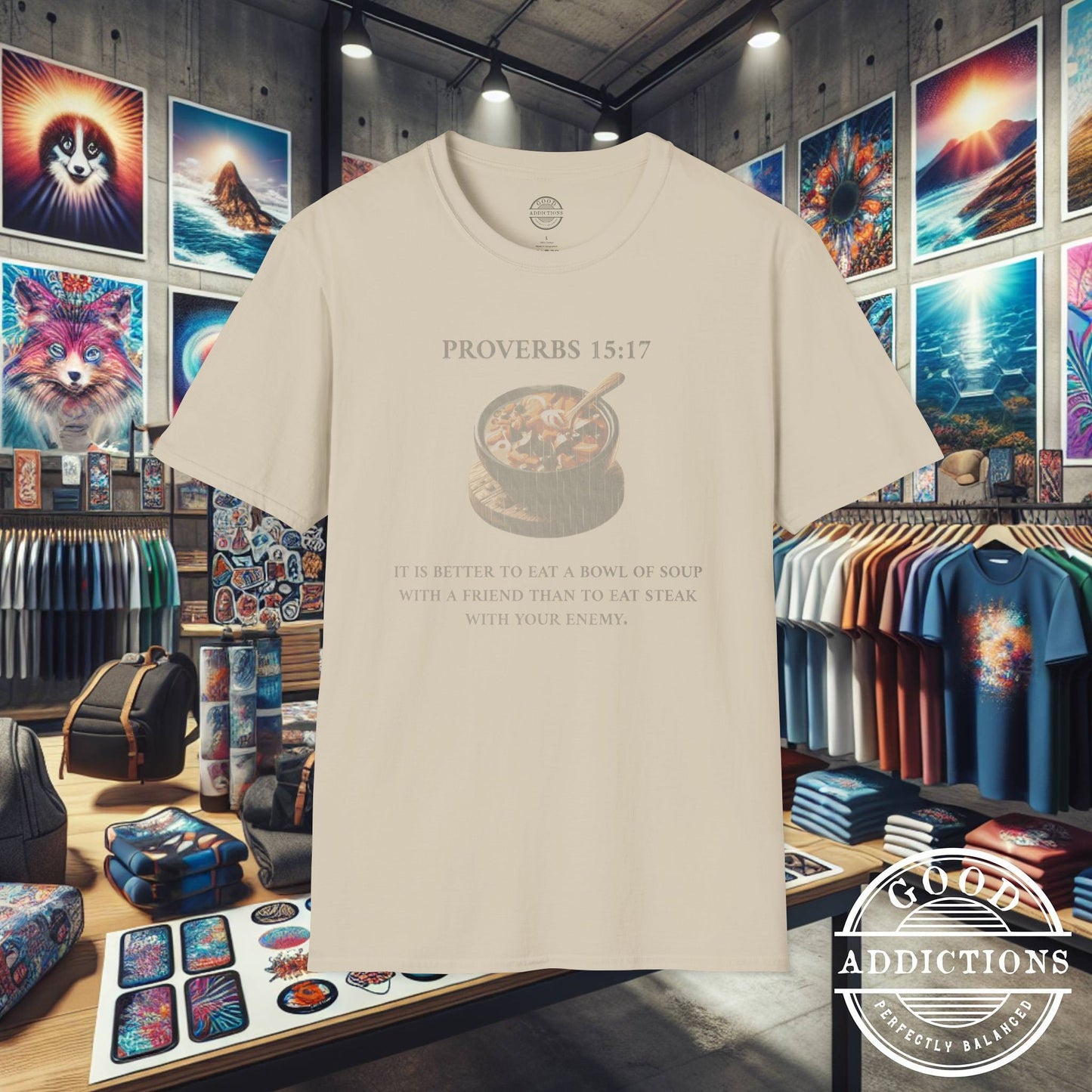 Proverbs 15:17 T-Shirt β Christian Graphic Tee with Bowl of Soup β Humble Faith & Love Over Luxury