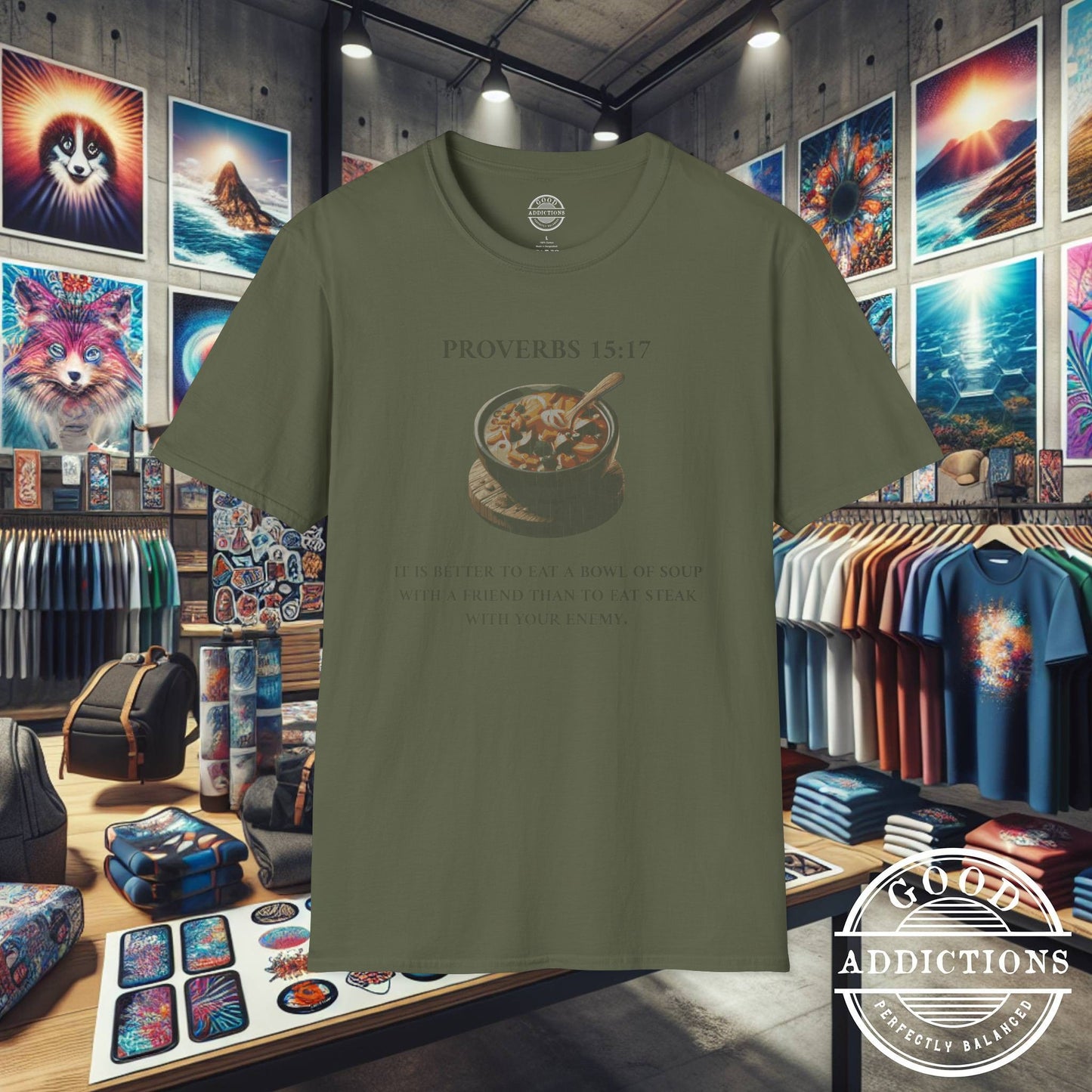 Proverbs 15:17 T-Shirt β Christian Graphic Tee with Bowl of Soup β Humble Faith & Love Over Luxury