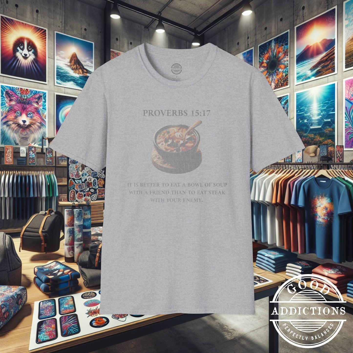 Proverbs 15:17 T-Shirt β Christian Graphic Tee with Bowl of Soup β Humble Faith & Love Over Luxury