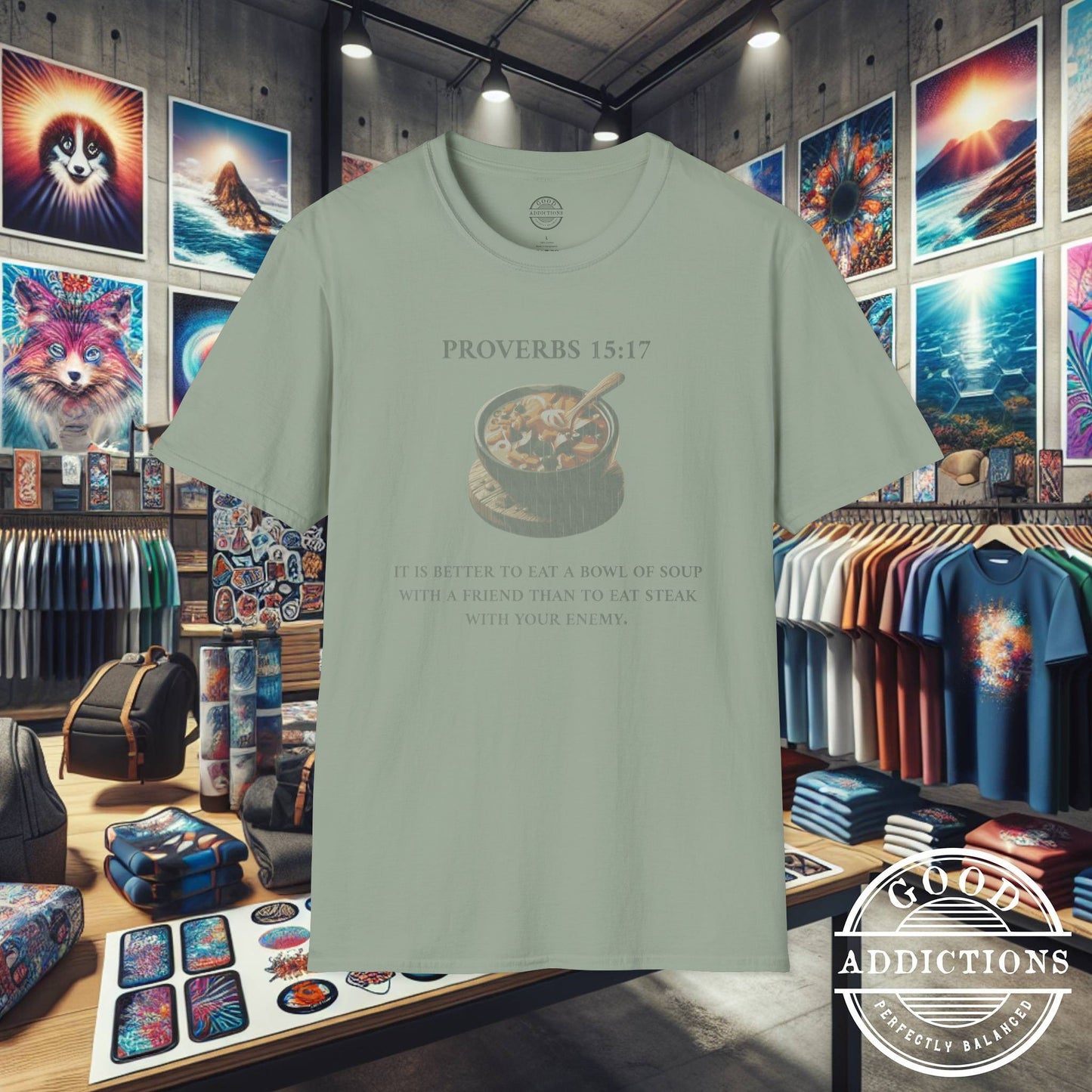 Proverbs 15:17 T-Shirt β Christian Graphic Tee with Bowl of Soup β Humble Faith & Love Over Luxury