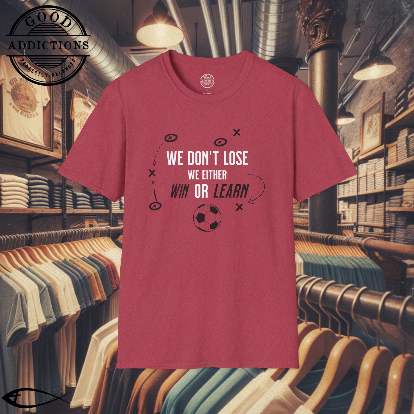 We Don’t Lose, We Either Win or Learn T-Shirt – Motivational Soccer Tee for Focused Players & Teams
