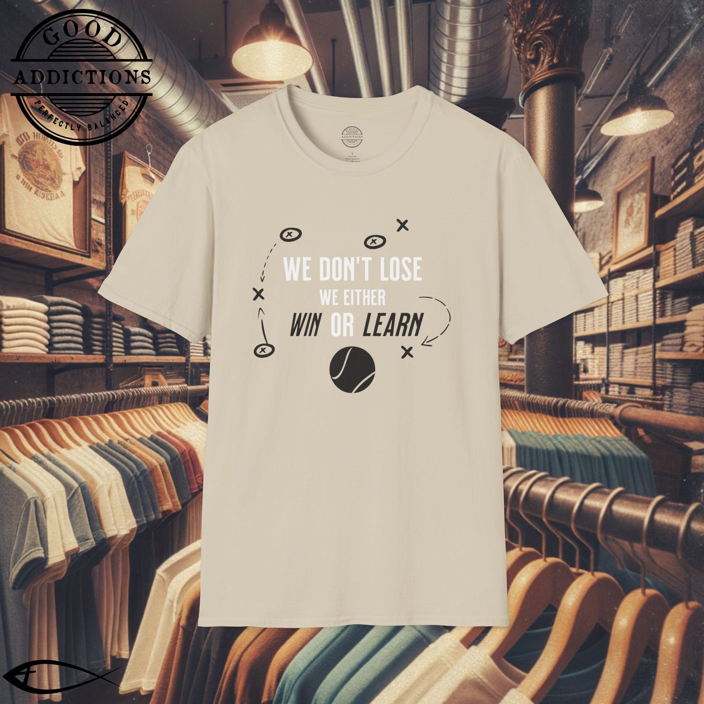 We Don’t Lose, We Either Win or Learn T-Shirt – Motivational Tennis Tee for Players & Coaches