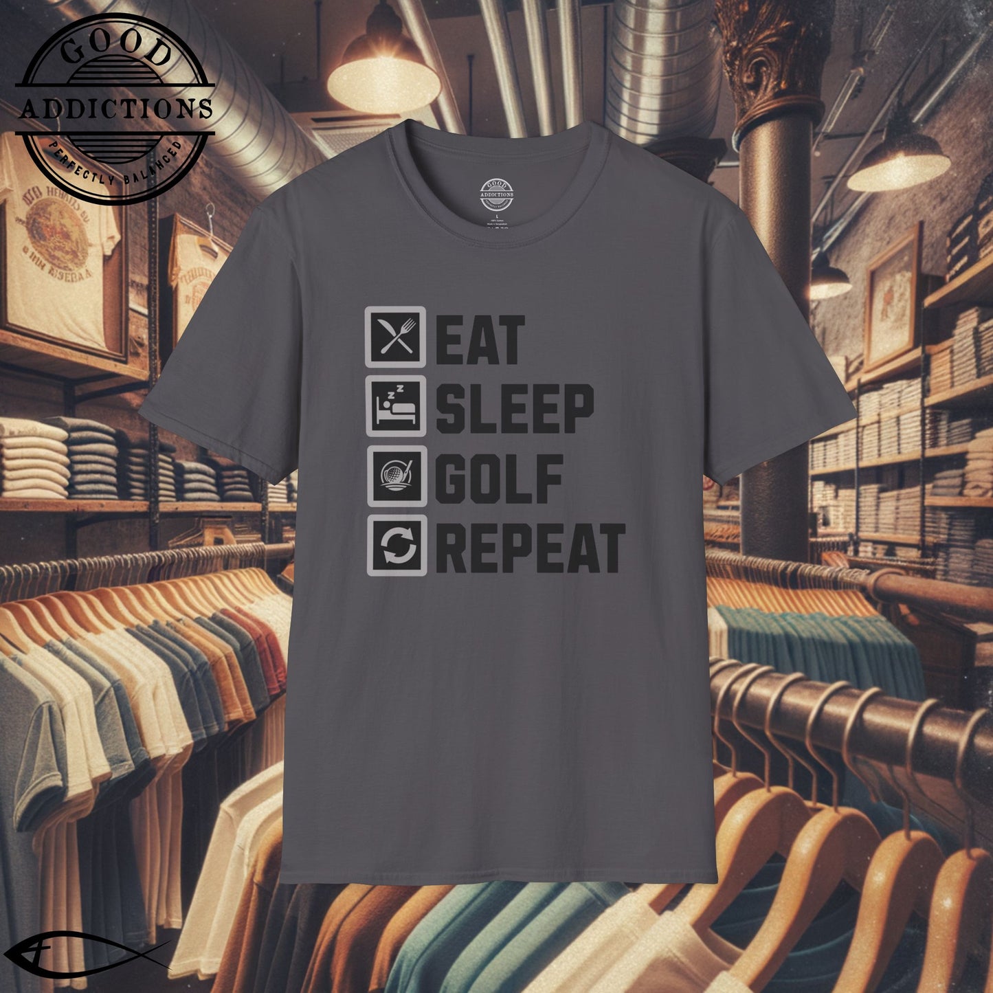 Eat Sleep Golf Repeat T-Shirt – “Golf Life Cycle” Funny Tee for Players, Weekend Warriors & Tee Time Addicts