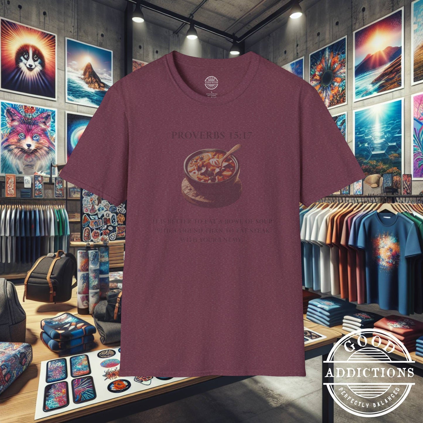 Proverbs 15:17 T-Shirt β Christian Graphic Tee with Bowl of Soup β Humble Faith & Love Over Luxury