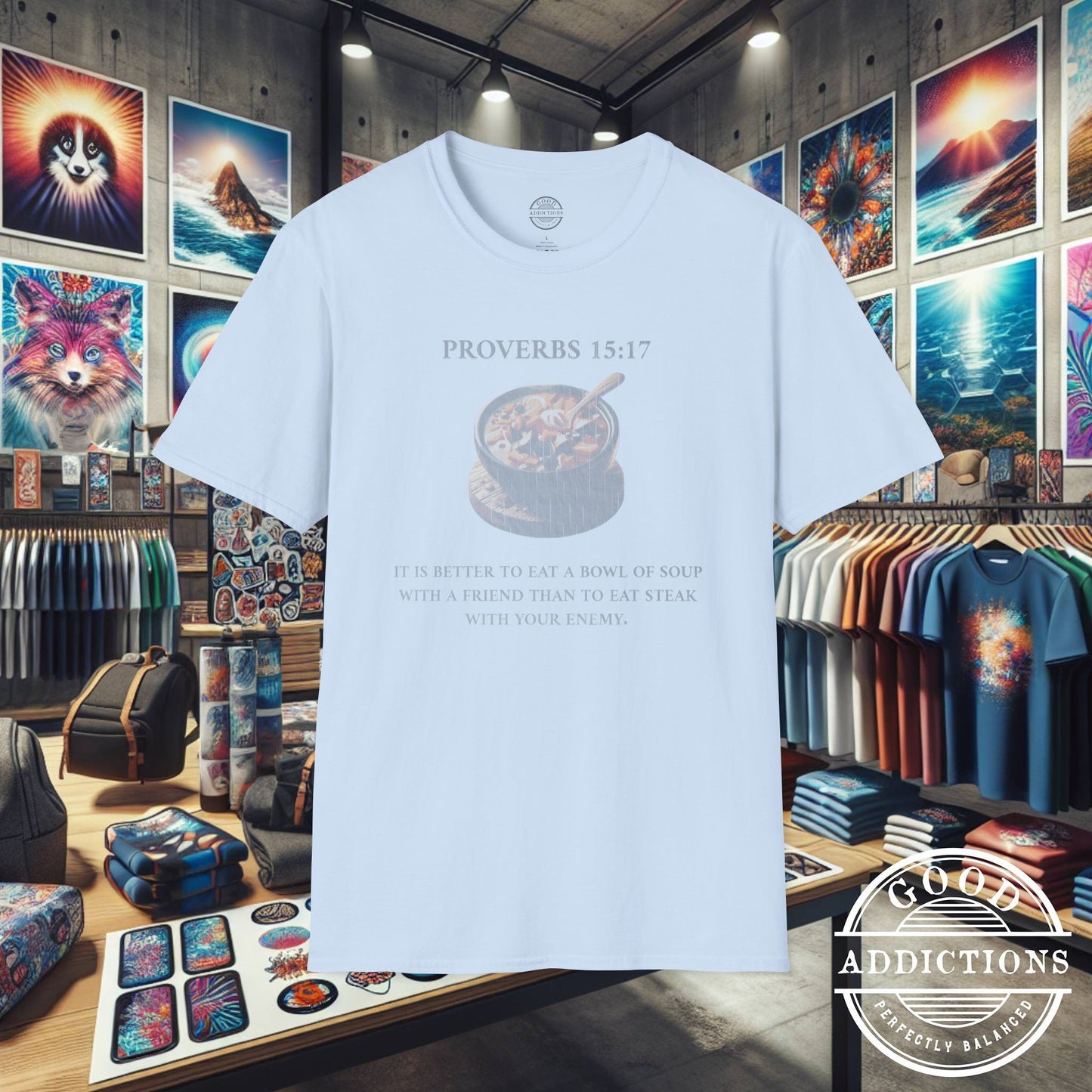 Proverbs 15:17 T-Shirt β Christian Graphic Tee with Bowl of Soup β Humble Faith & Love Over Luxury