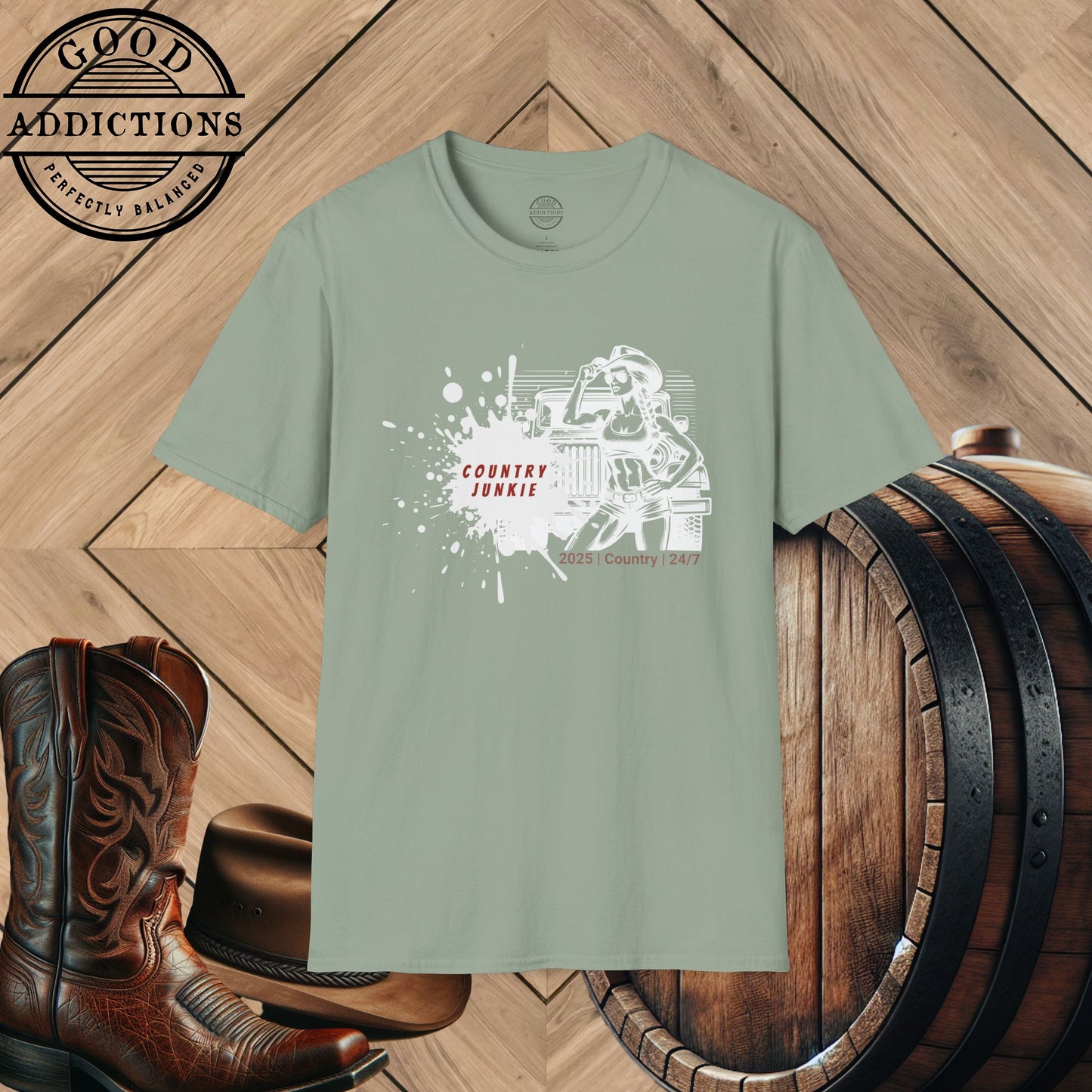 Country Junkie T-Shirt – “Cowgirl & Jeep” Good Addictions Tee for Rodeo Babes, Wild Souls & Southern Queens
