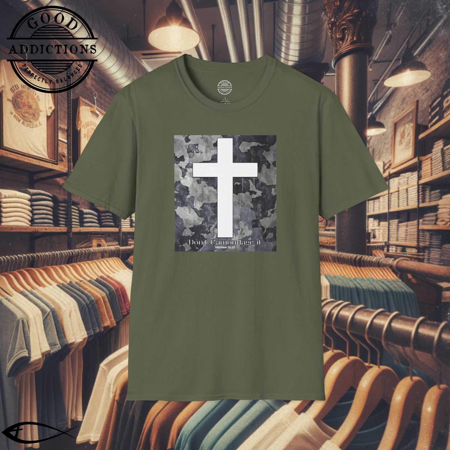 Don’t Camouflage It T-Shirt – “White Cross on Camo” Bold Christian Tee for Faith Warriors, Believers & Soldiers of Christ