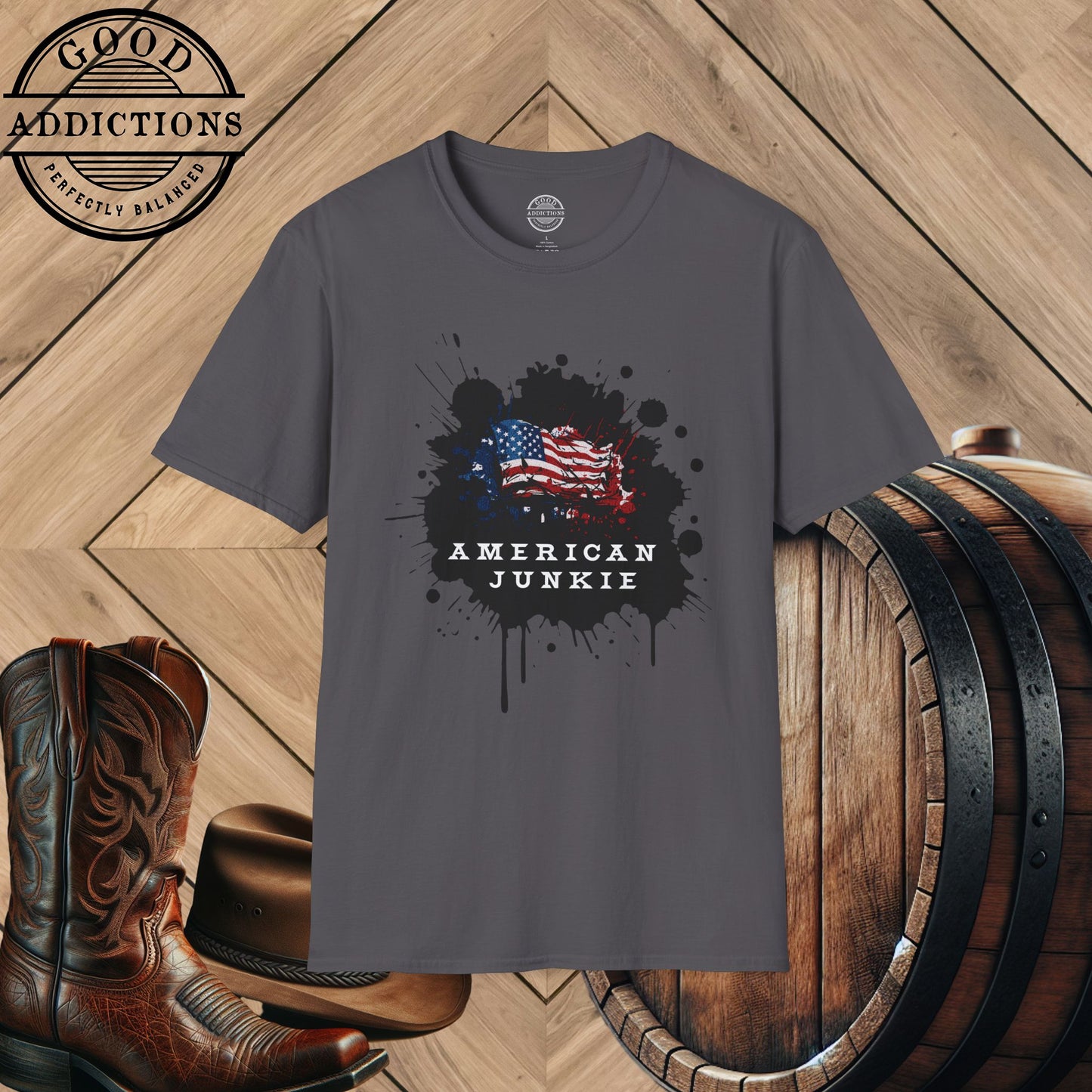 American Junkie T-Shirt – “24/7 Patriot Life” Bold USA Tee for Freedom Fans, BBQ Bros & Proud Americans