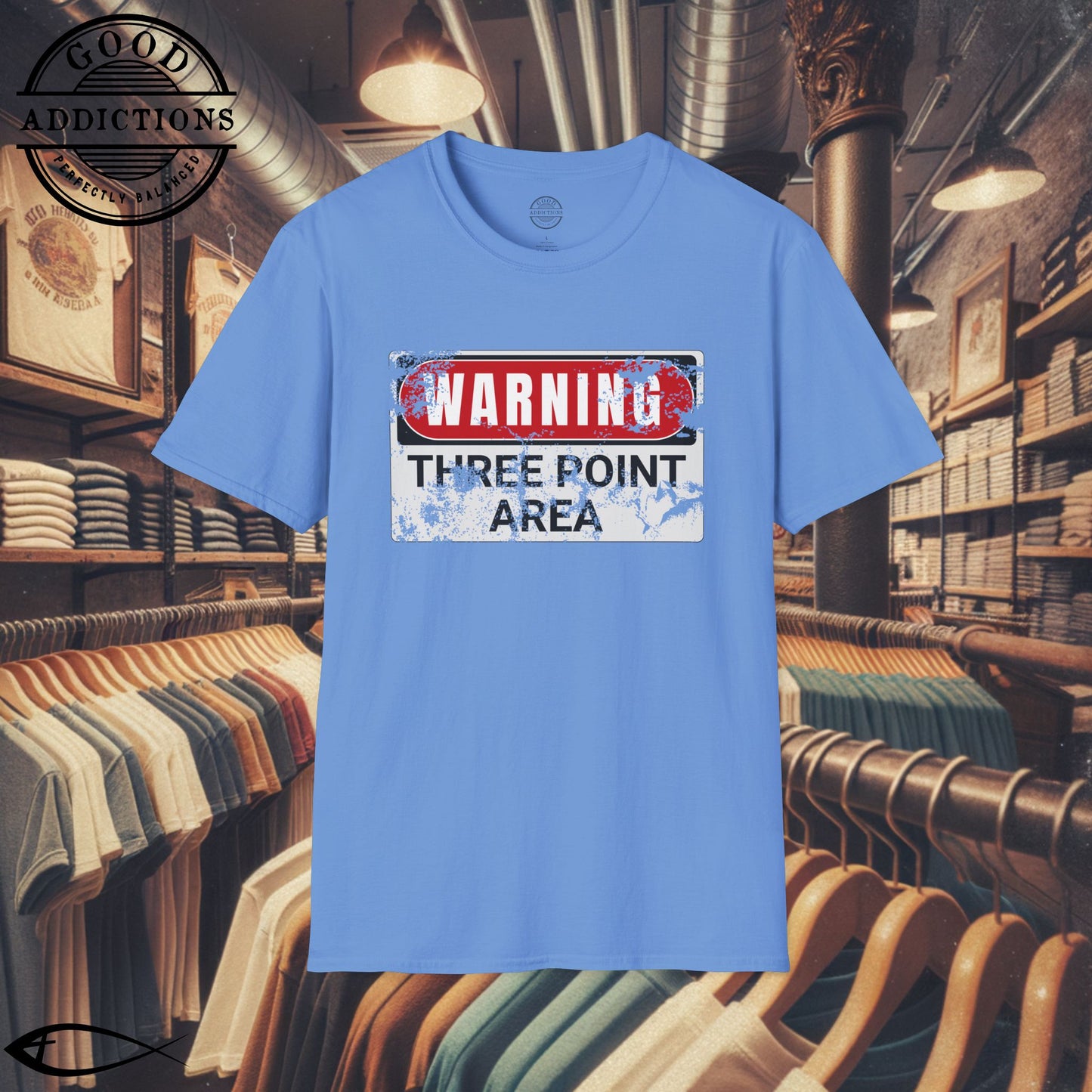 Three Point Area T-Shirt – “Warning Sign Graphic” Basketball Shooter Tee for Players, Fans & Court Snipers