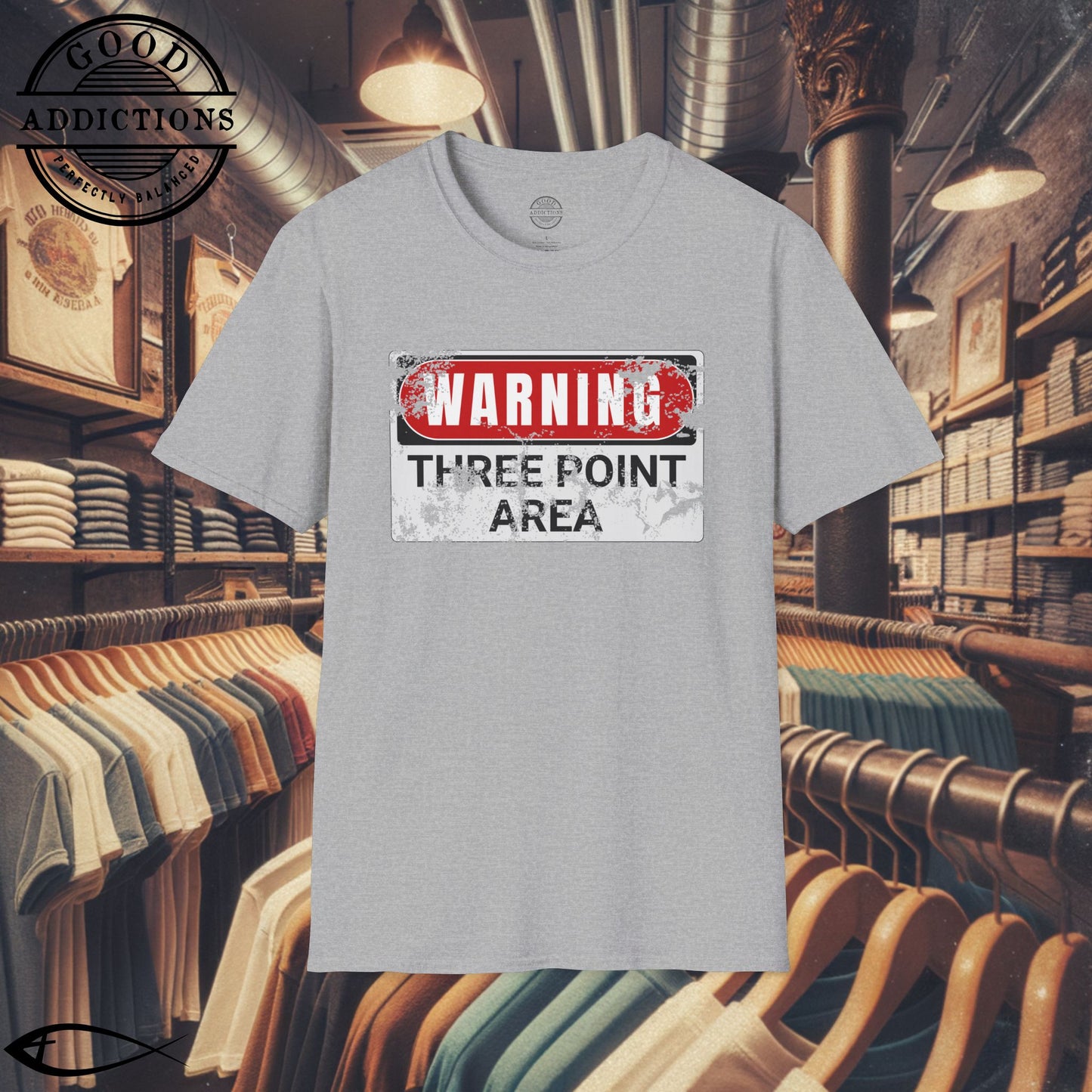 Three Point Area T-Shirt – “Warning Sign Graphic” Basketball Shooter Tee for Players, Fans & Court Snipers