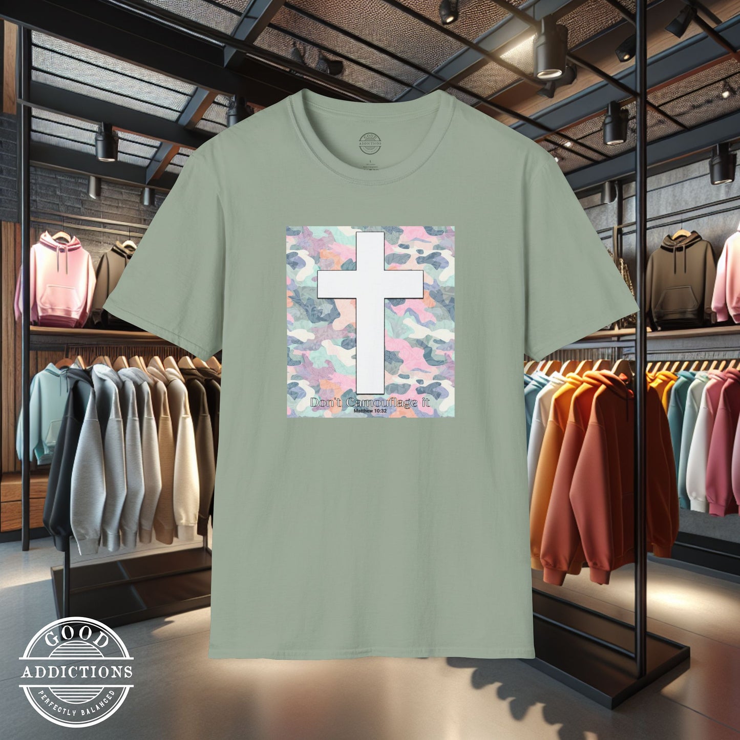 Faith T-Shirt – “Camo with White Cross” Bold Christian Tee for Spiritual Warriors, Believers & Kingdom Soldiers