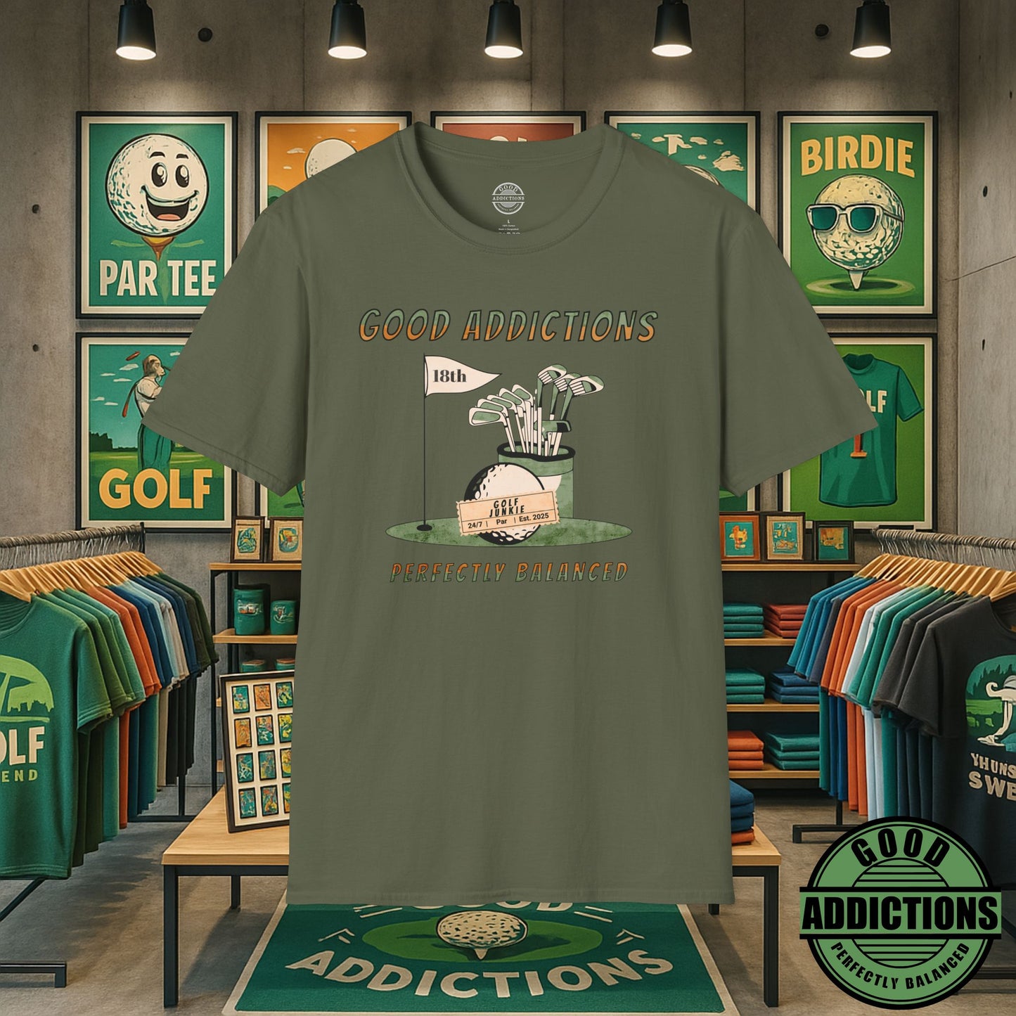 Perfectly Balanced Golf T-Shirt – “Good Addictions” Tee for Calm Competitors, Swing Seekers & Fairway Lovers