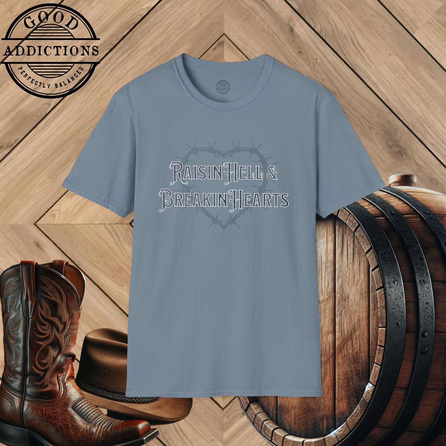 Raisin’ Hell & Breakin’ Hearts T-Shirt – Bold Country Graphic Tee for Rebels & Heartbreakers
