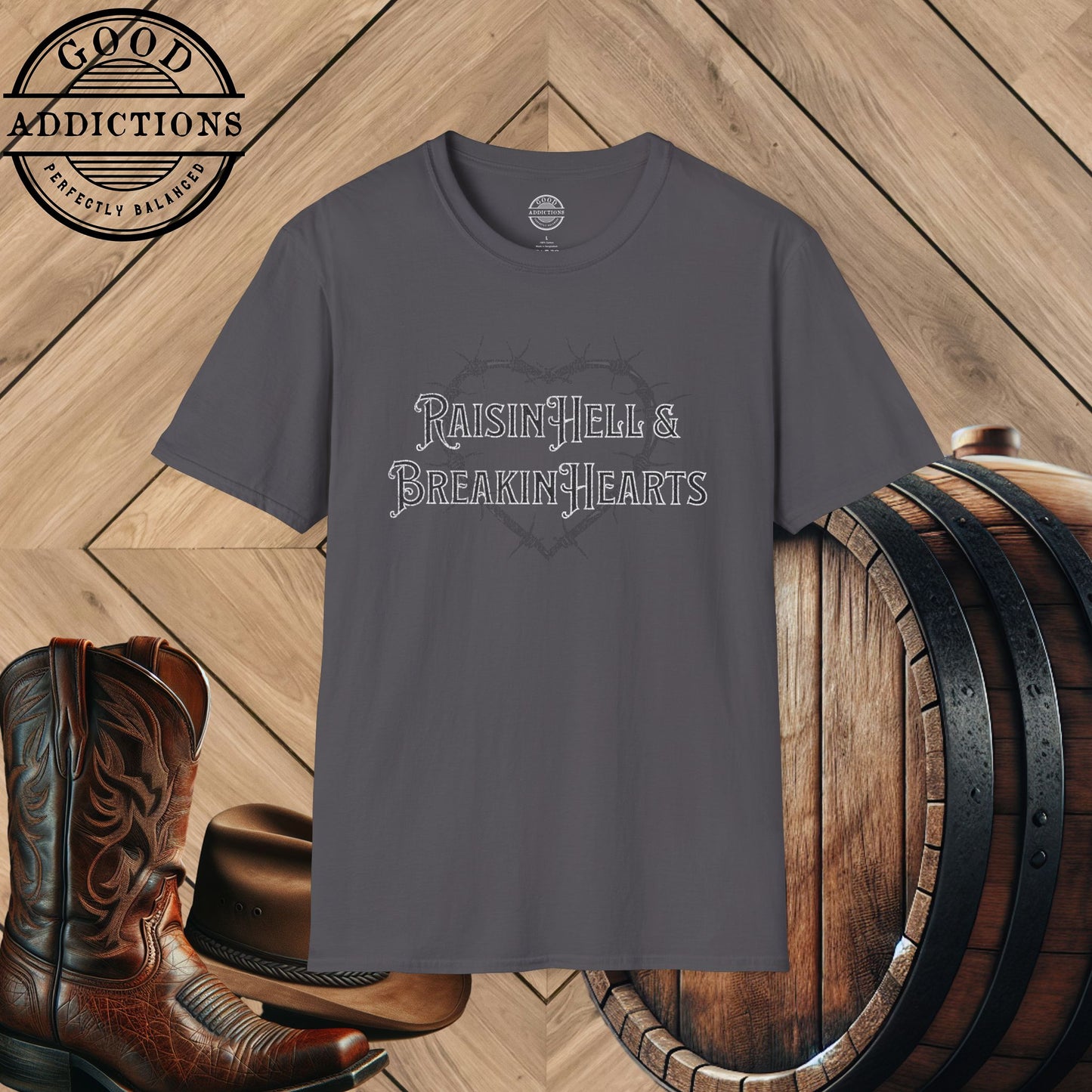 Raisin’ Hell & Breakin’ Hearts T-Shirt – Bold Country Graphic Tee for Rebels & Heartbreakers