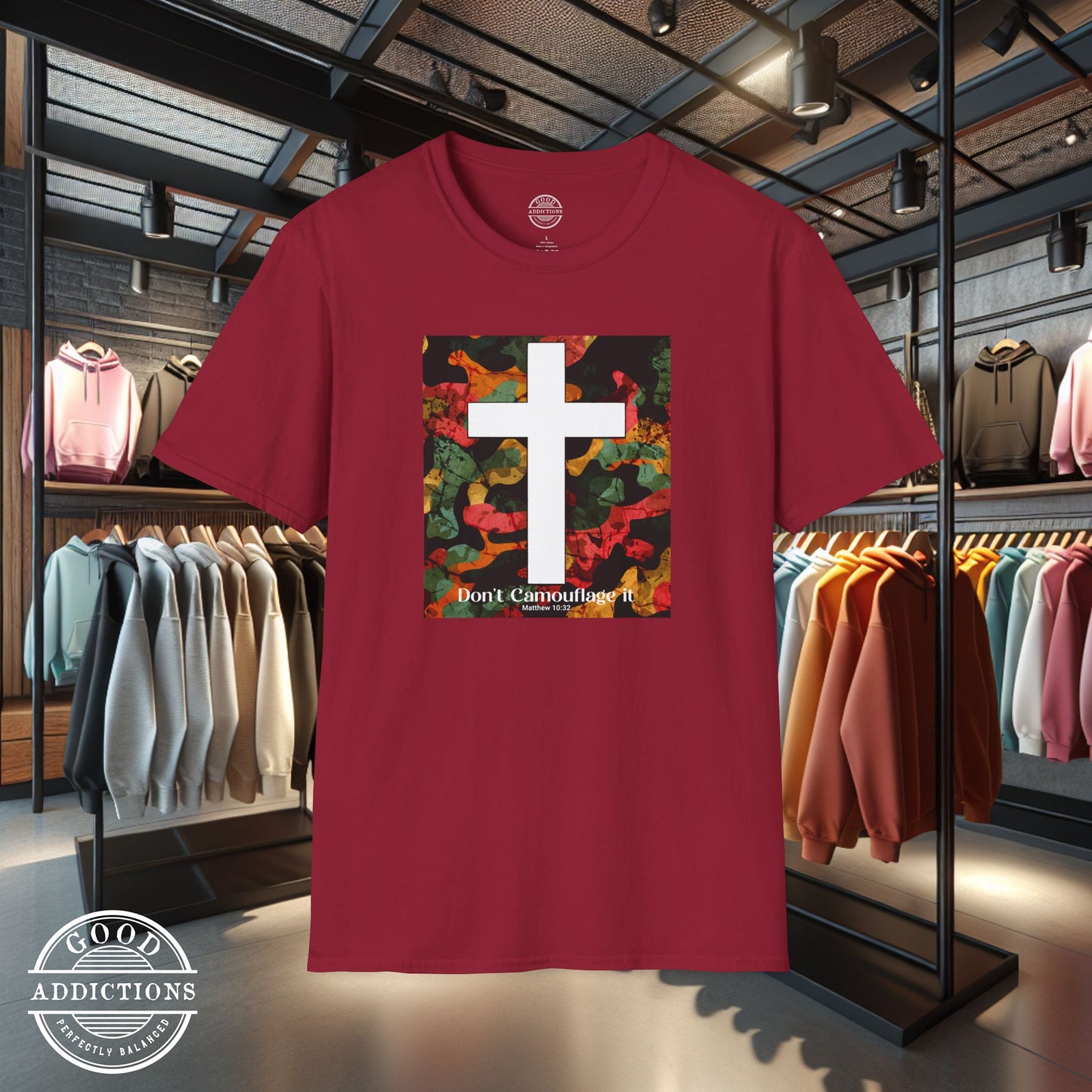 Don’t Camouflage It T-Shirt – “White Cross Over Camo” Bold Christian Tee for Faith Warriors & Believers in Battle