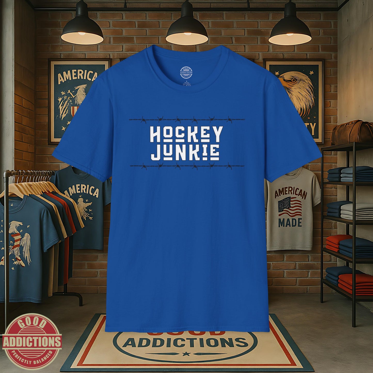 Hockey Junkie T-Shirt – “Barbed Wire Edition” Good Addictions Tee for Ice Warriors, Enforcers & Hockey Addicts