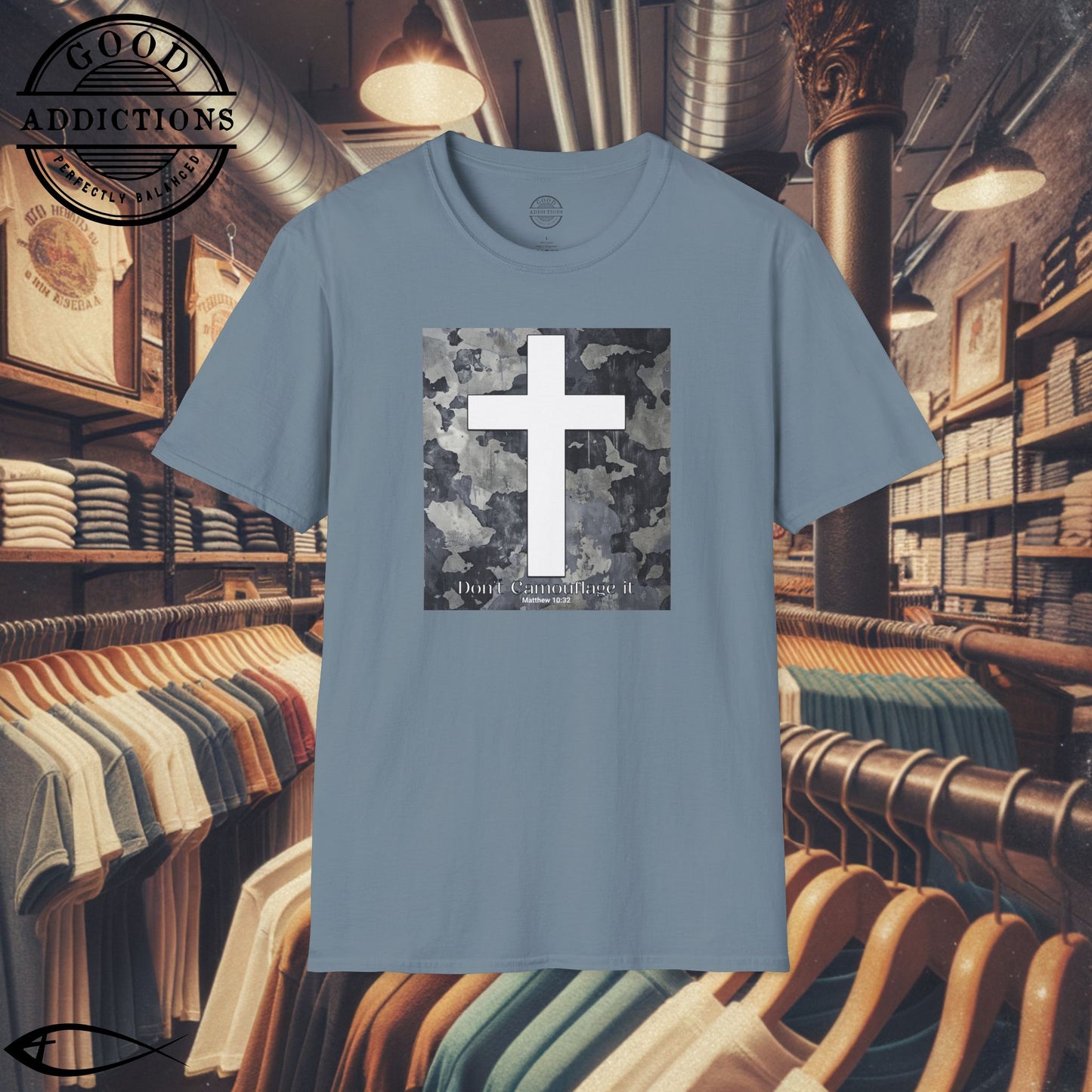 Don’t Camouflage It T-Shirt – “White Cross on Camo” Bold Christian Tee for Faith Warriors, Believers & Soldiers of Christ