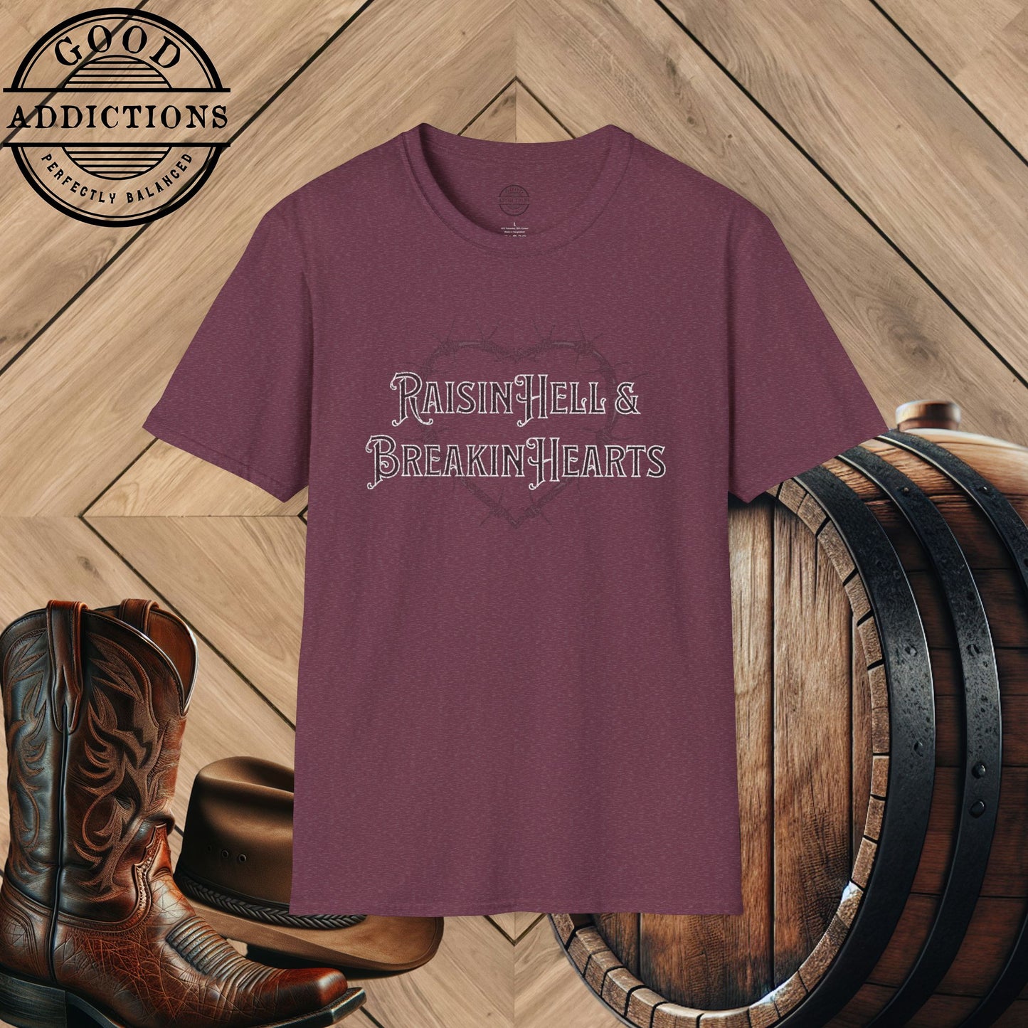 Raisin’ Hell & Breakin’ Hearts T-Shirt – Bold Country Graphic Tee for Rebels & Heartbreakers