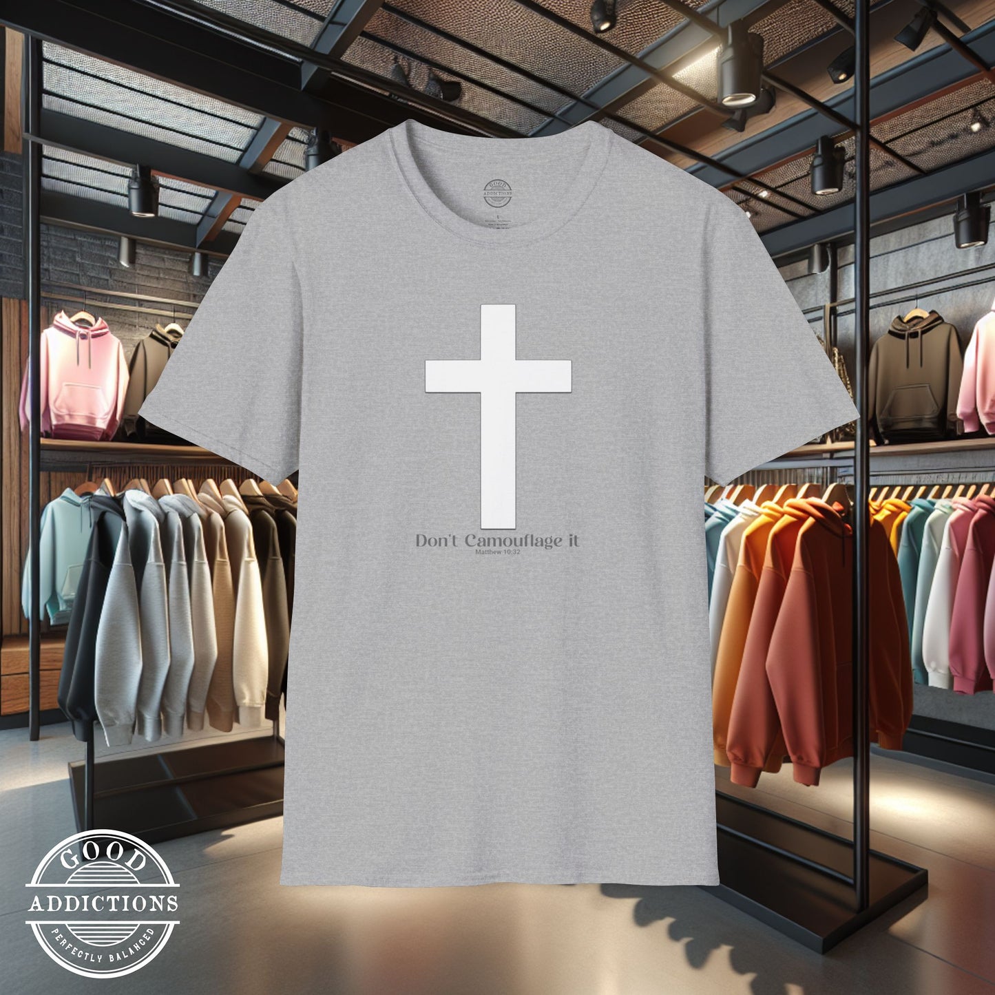 Don’t Camouflage It T-Shirt – “White Cross on Camo” Bold Christian Tee for Faith Warriors, Believers & Soldiers of Christ