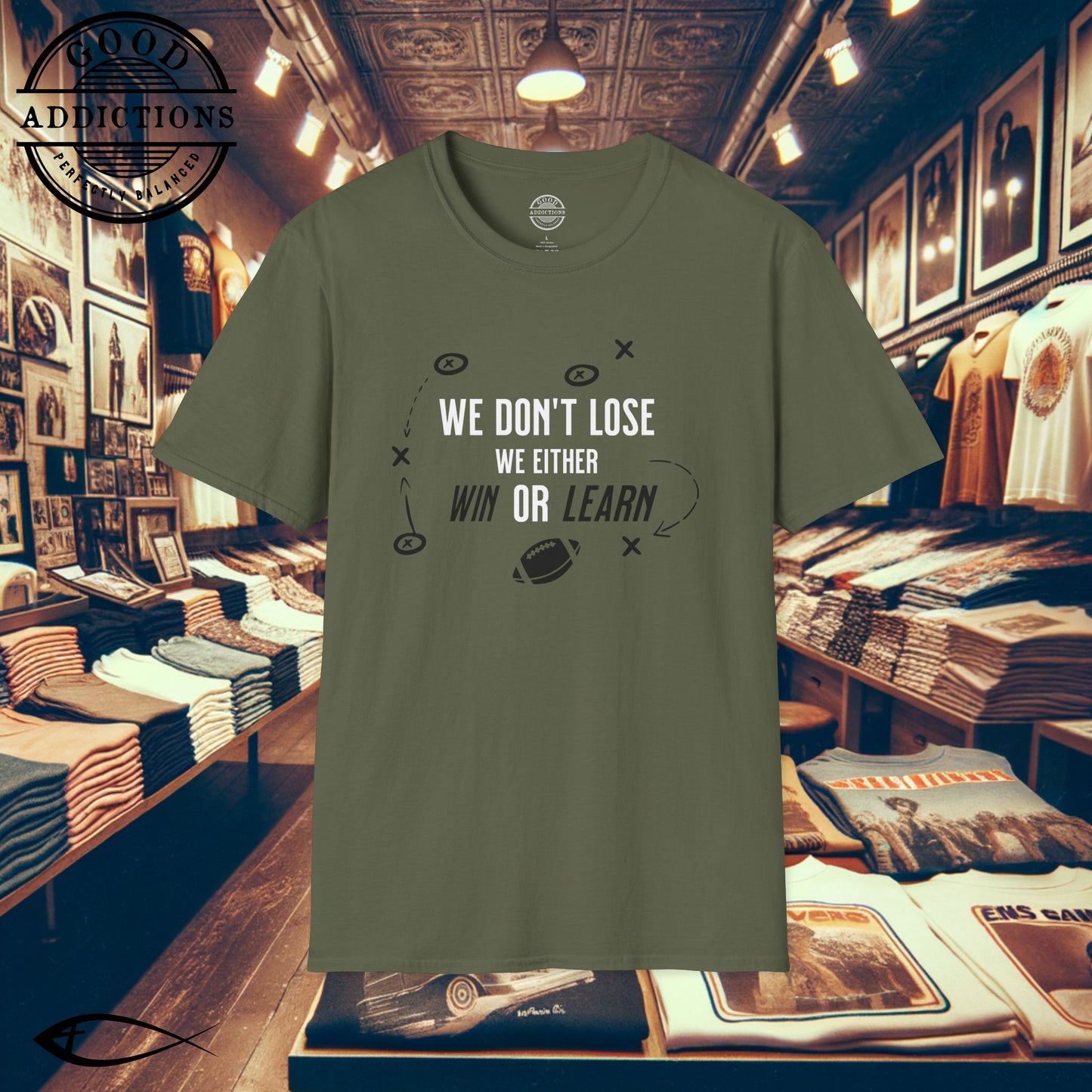 We Don’t Lose, We Either Win or Learn T-Shirt – Football Motivational Tee for Players & Coaches