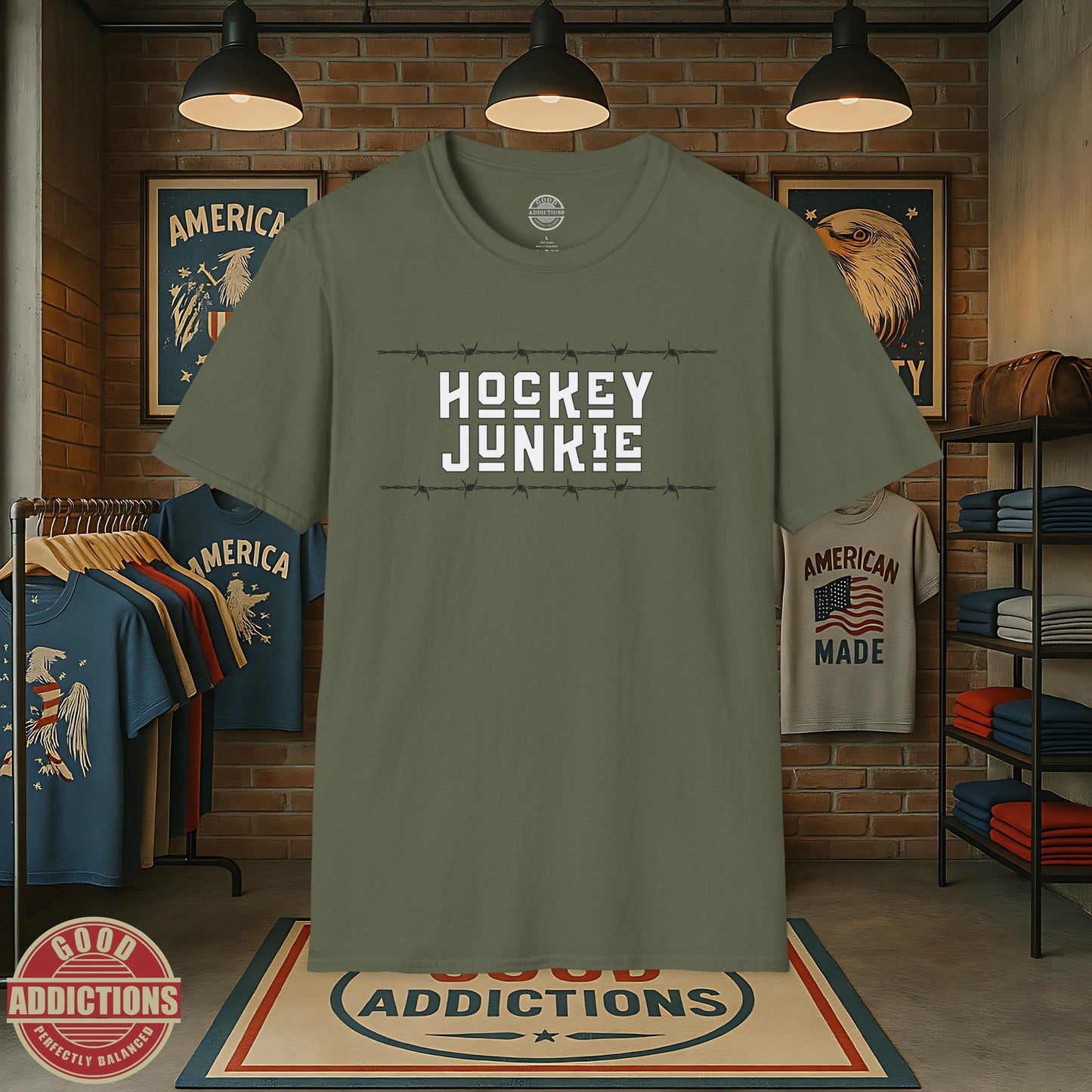 Hockey Junkie T-Shirt – “Barbed Wire Edition” Good Addictions Tee for Ice Warriors, Enforcers & Hockey Addicts