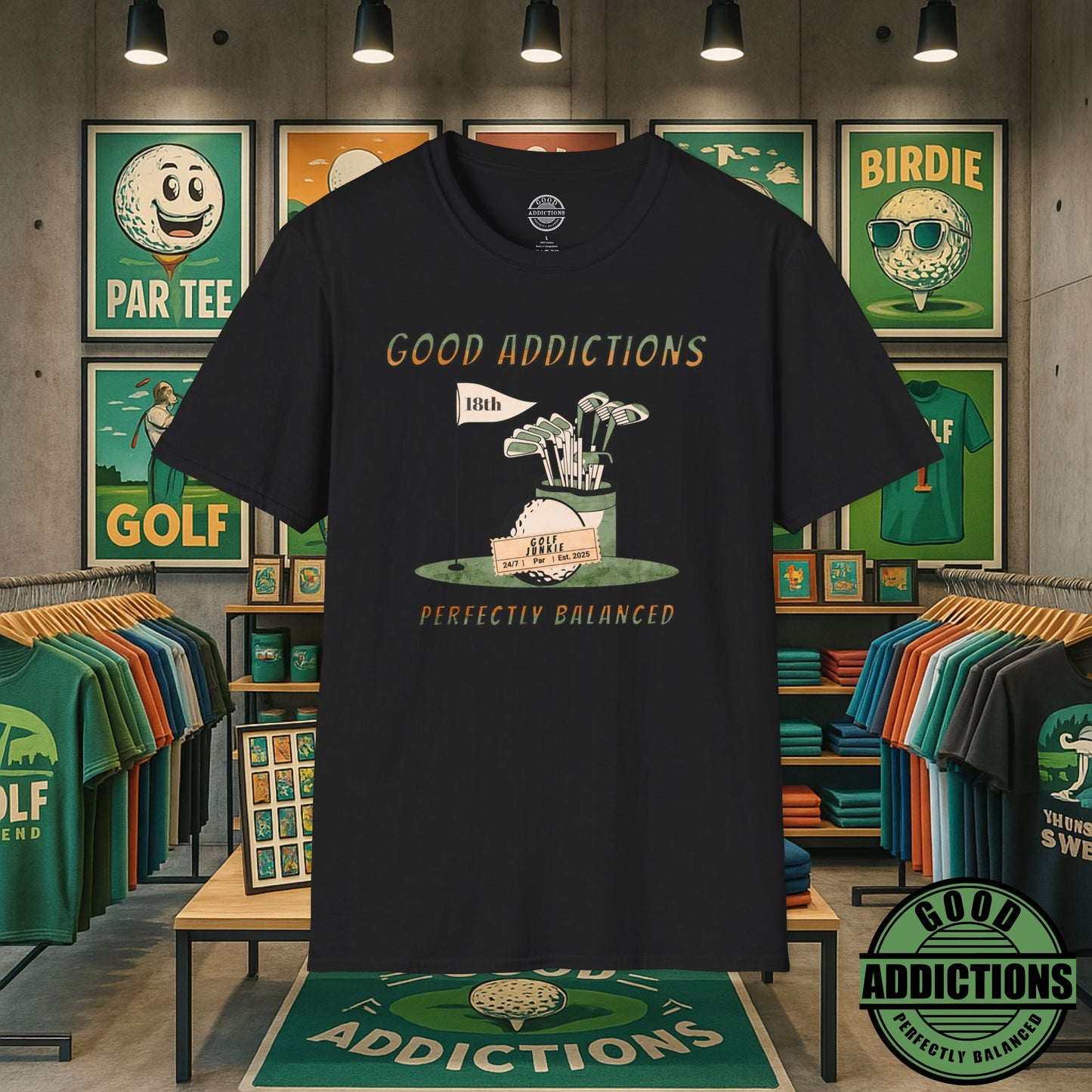 Perfectly Balanced Golf T-Shirt – “Good Addictions” Tee for Calm Competitors, Swing Seekers & Fairway Lovers