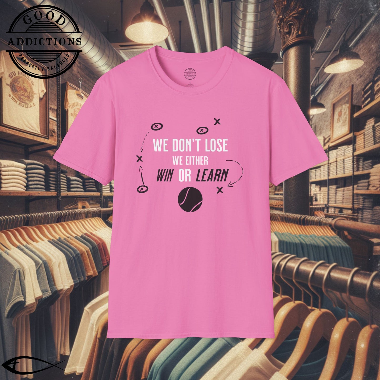 We Don’t Lose, We Either Win or Learn T-Shirt – Motivational Tennis Tee for Players & Coaches