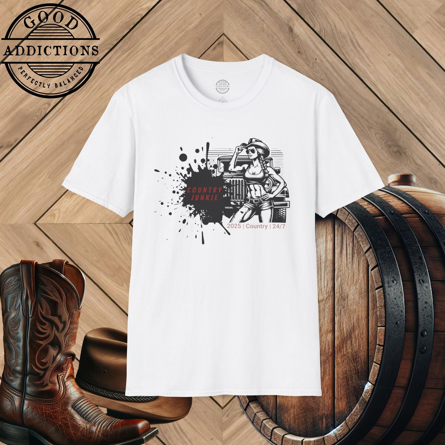 Country Junkie T-Shirt – “Cowgirl & Jeep” Good Addictions Tee for Rodeo Babes, Wild Souls & Southern Queens