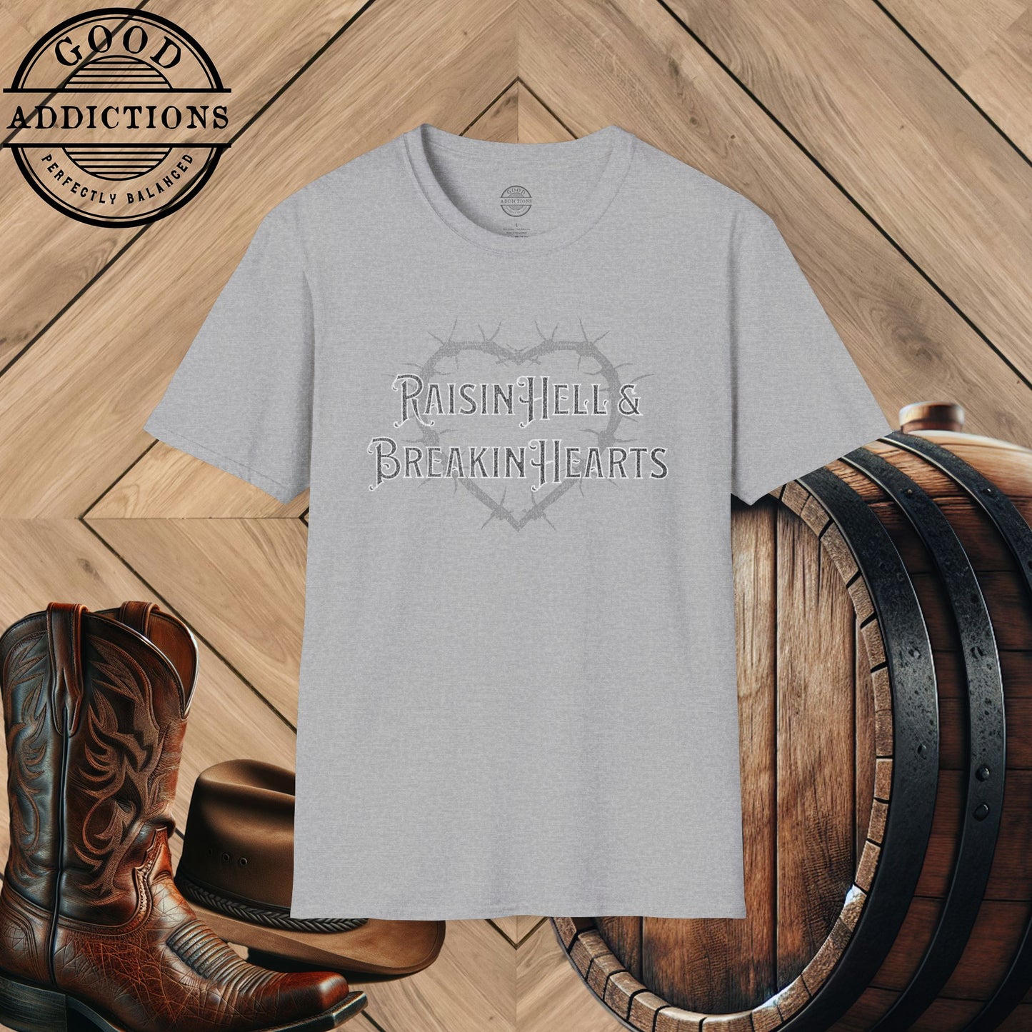 Raisin’ Hell & Breakin’ Hearts T-Shirt – Bold Country Graphic Tee for Rebels & Heartbreakers