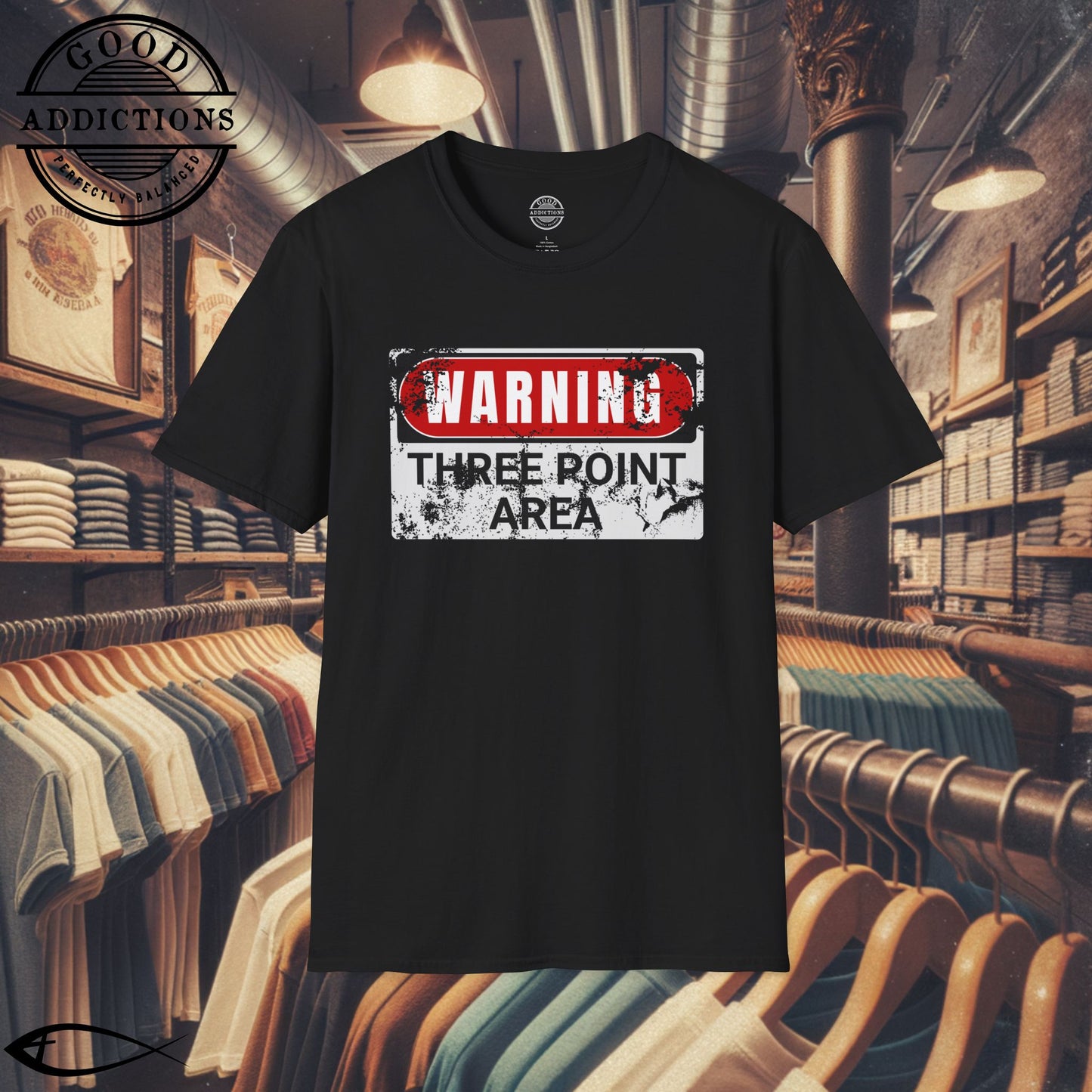 Three Point Area T-Shirt – “Warning Sign Graphic” Basketball Shooter Tee for Players, Fans & Court Snipers
