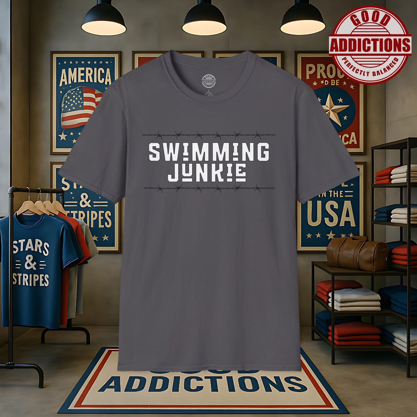 Swimming Junkie T-Shirt – “Barbed Wire Edition” Good Addictions Tee for Swimmers, Coaches & Poolside Warriors