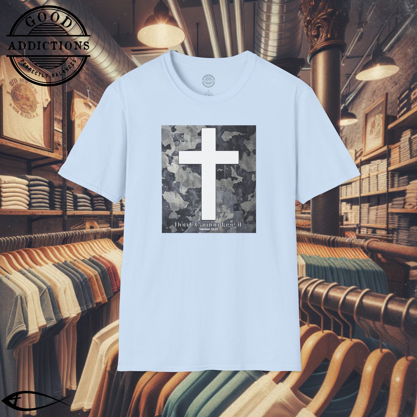 Don’t Camouflage It T-Shirt – “White Cross on Camo” Bold Christian Tee for Faith Warriors, Believers & Soldiers of Christ