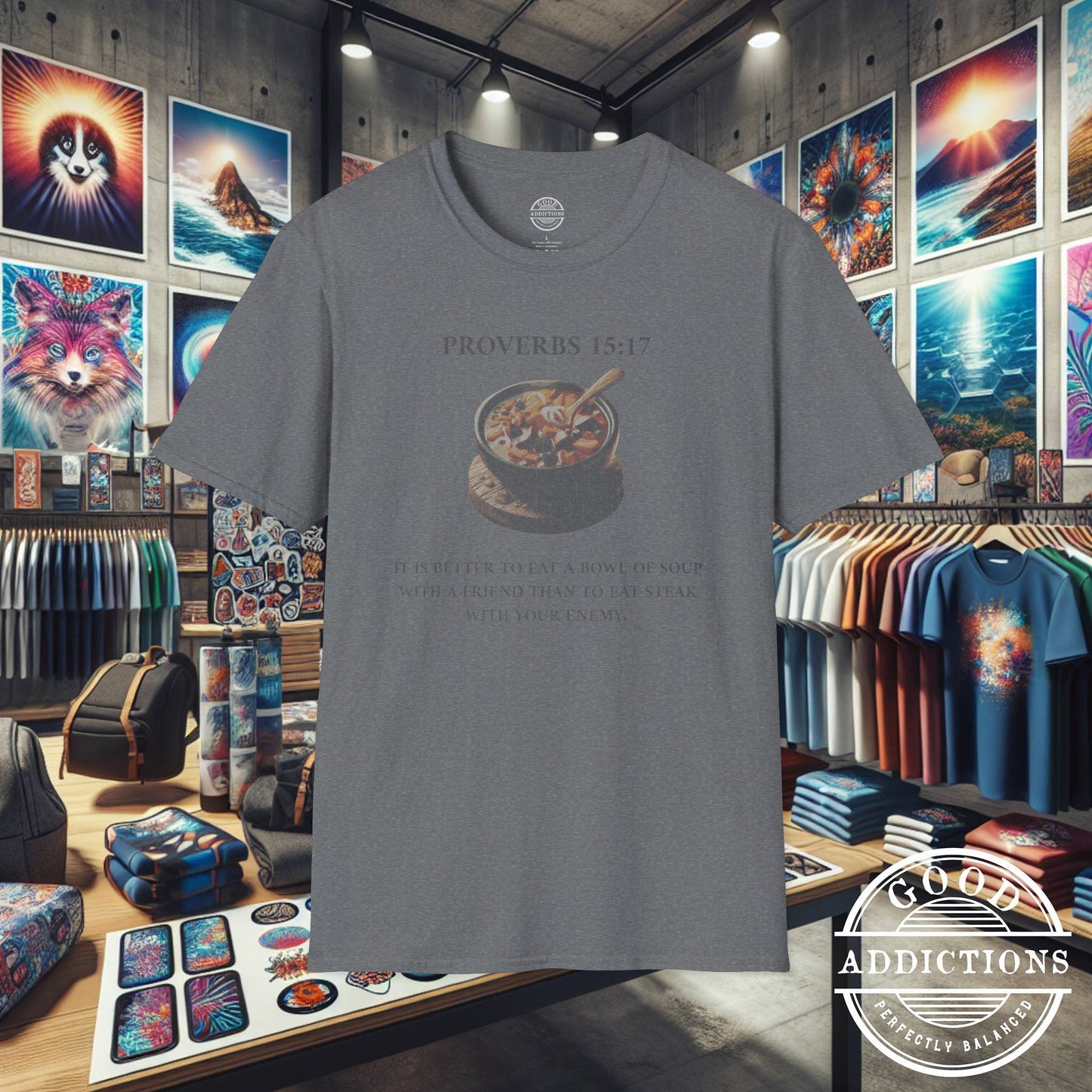 Proverbs 15:17 T-Shirt β Christian Graphic Tee with Bowl of Soup β Humble Faith & Love Over Luxury