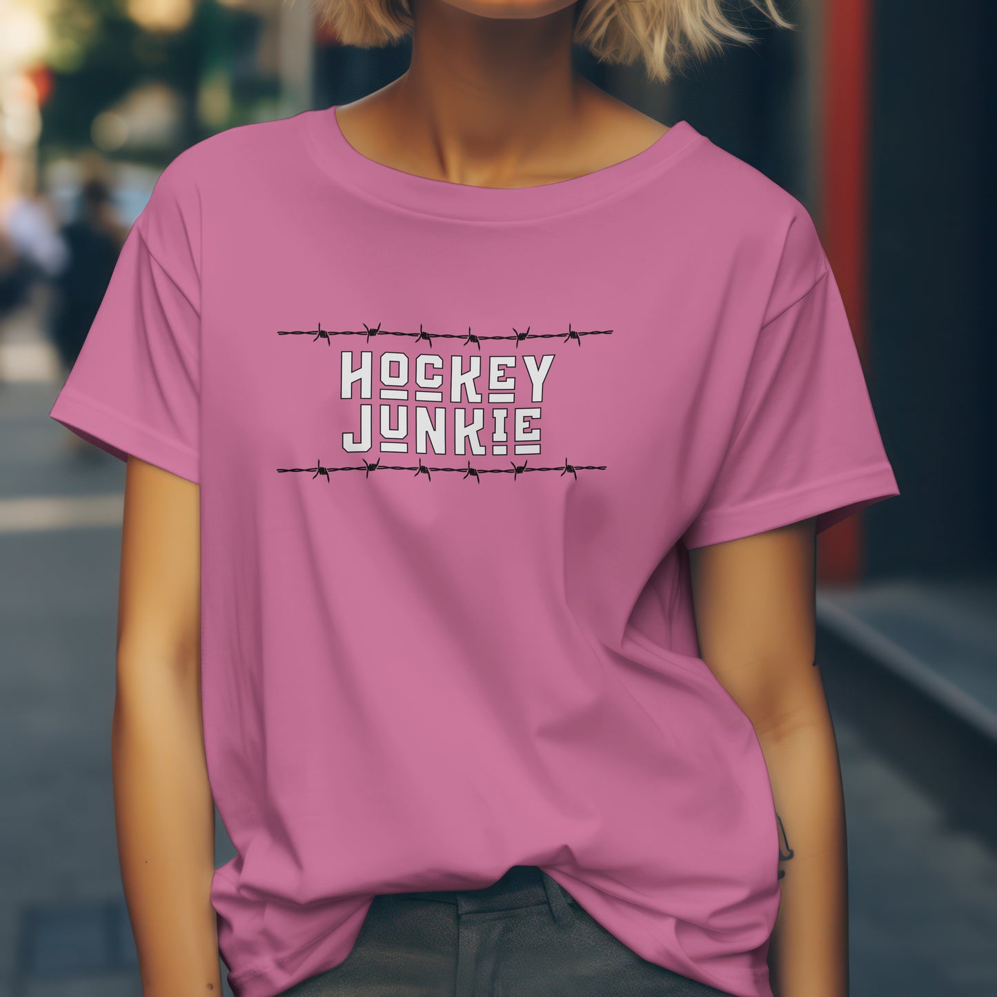 Hockey Junkie T-Shirt – “Barbed Wire Edition” Good Addictions Tee for Ice Warriors, Enforcers & Hockey Addicts