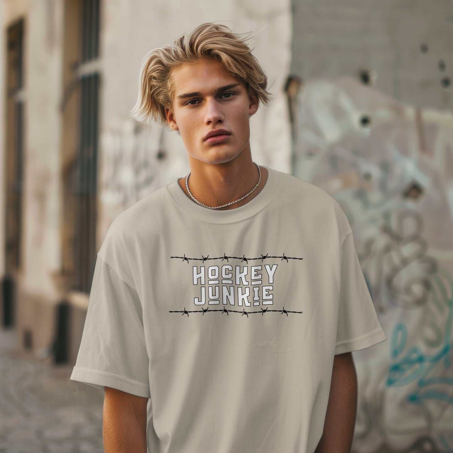 Hockey Junkie T-Shirt – “Barbed Wire Edition” Good Addictions Tee for Ice Warriors, Enforcers & Hockey Addicts