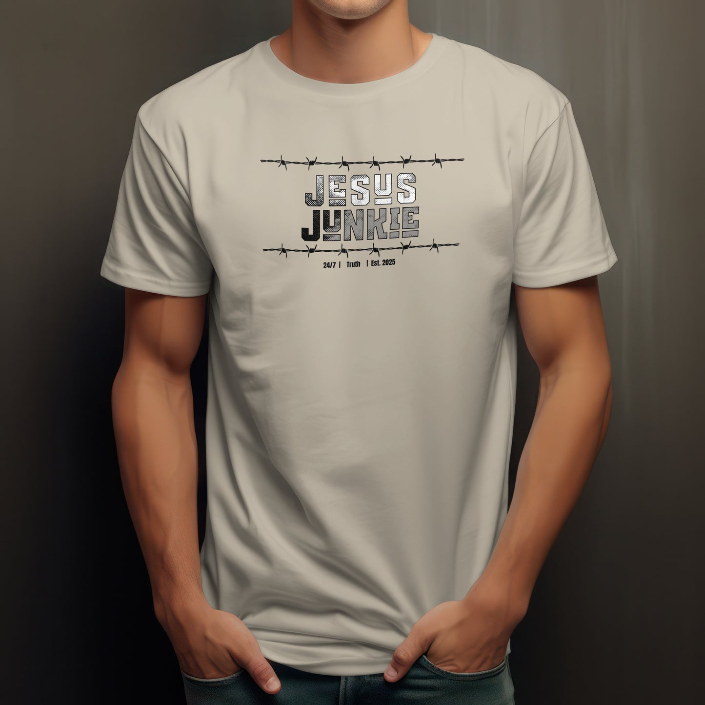 Jesus Junkie T-Shirt – “Barbed Wire Edition” Good Addictions Tee for Faith Warriors, Bold Believers & Kingdom Soldiers
