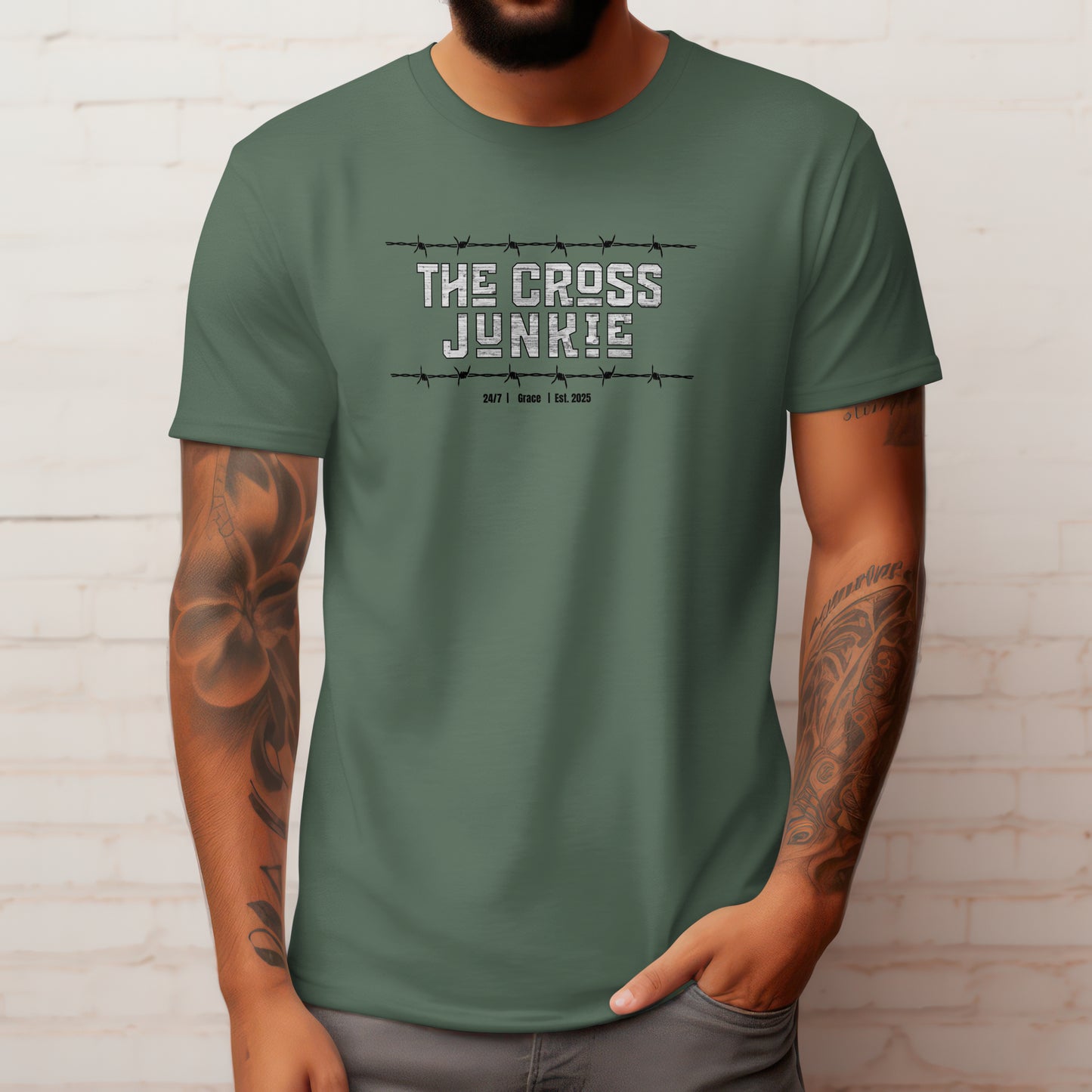 The Cross Junkie T-Shirt – “Barbed Wire Edition” Good Addictions Tee for Bold Believers, Faith Warriors & Jesus Followers