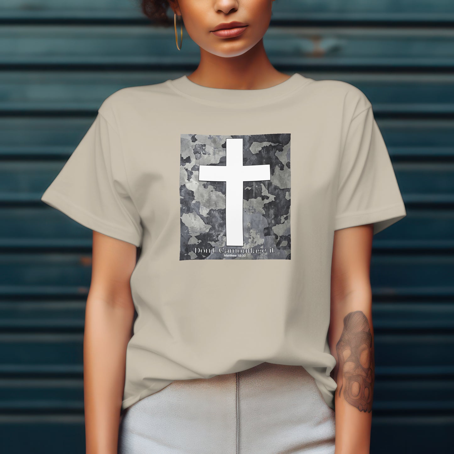 Don’t Camouflage It T-Shirt – “White Cross on Camo” Bold Christian Tee for Faith Warriors, Believers & Soldiers of Christ