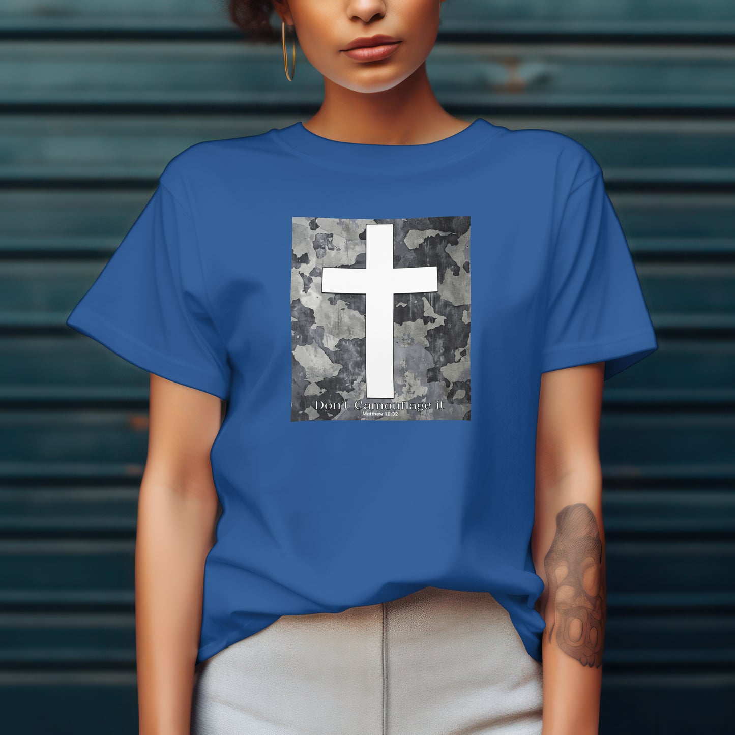 Don’t Camouflage It T-Shirt – “White Cross on Camo” Bold Christian Tee for Faith Warriors, Believers & Soldiers of Christ