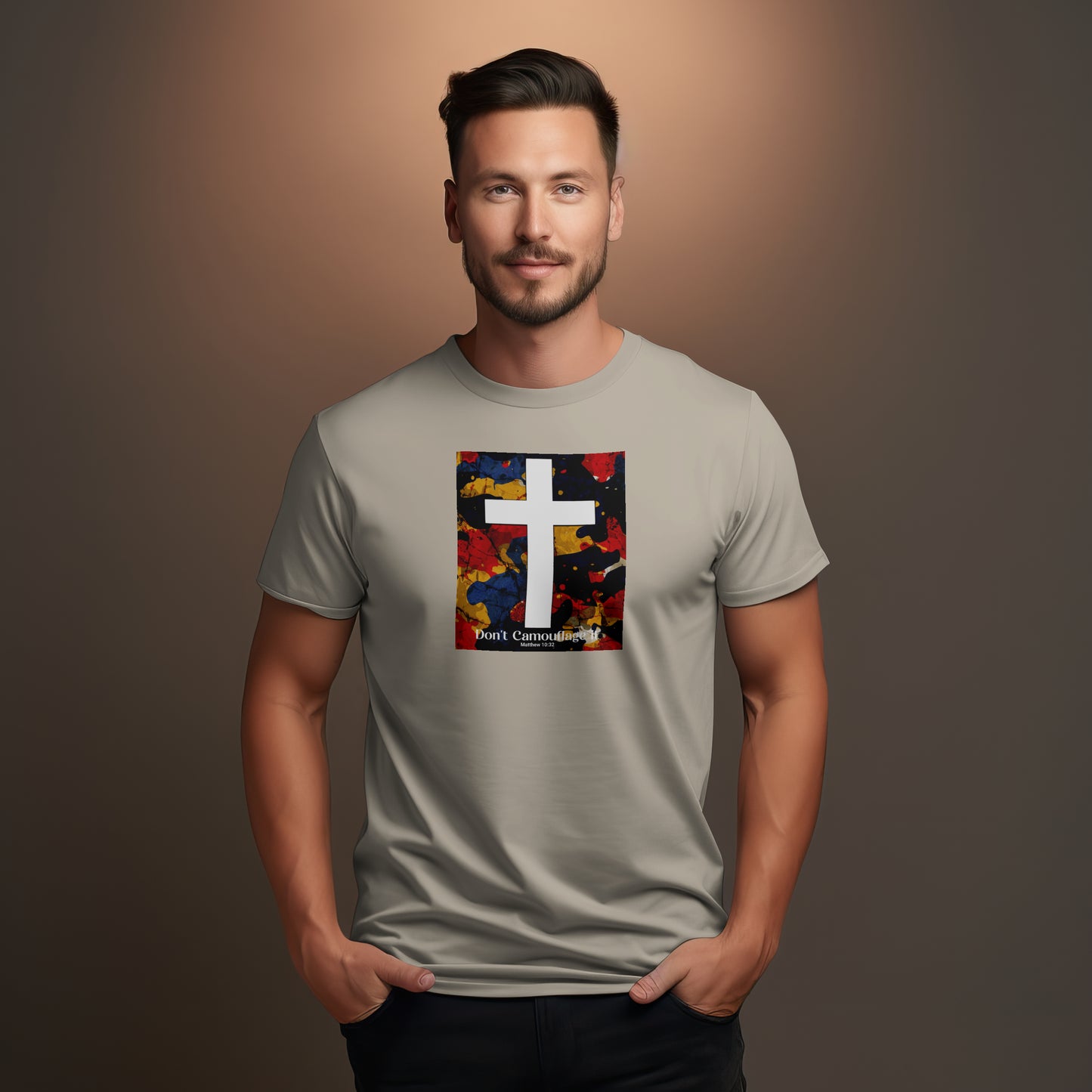 Don’t Camouflage It T-Shirt – “White Cross Over Camo” Bold Christian Tee for Faith Warriors & Believers in Battle