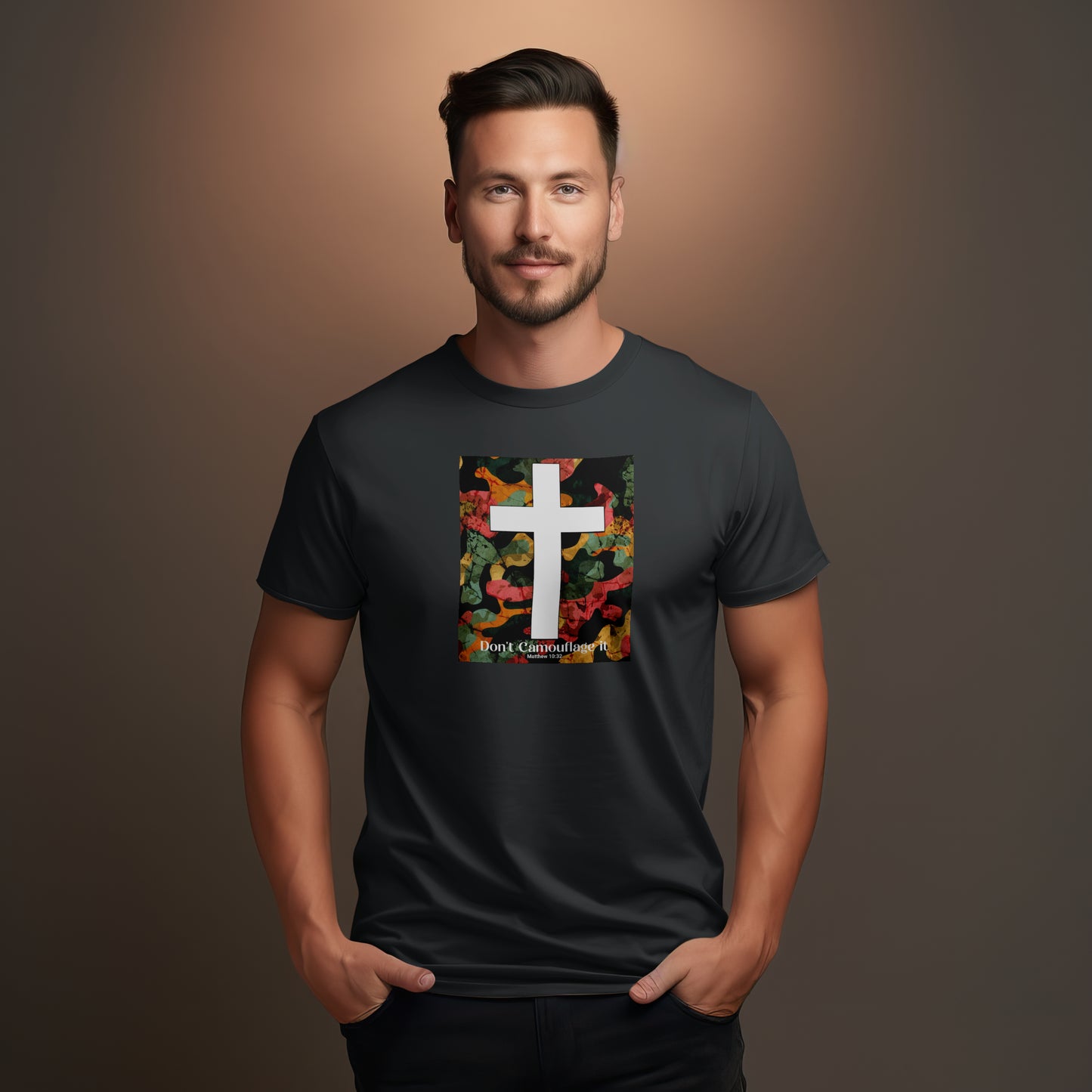 Don’t Camouflage It T-Shirt – “White Cross Over Camo” Bold Christian Tee for Faith Warriors & Believers in Battle