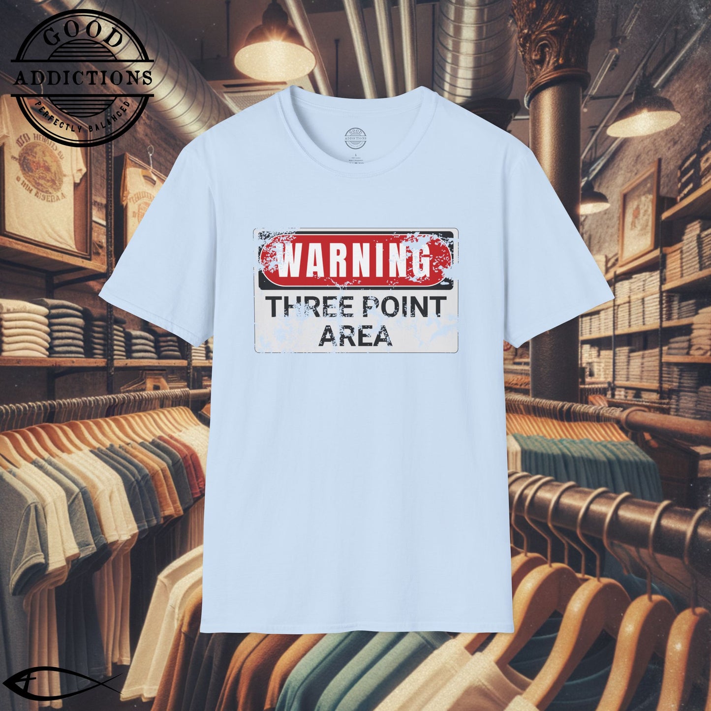 Three Point Area T-Shirt – “Warning Sign Graphic” Basketball Shooter Tee for Players, Fans & Court Snipers