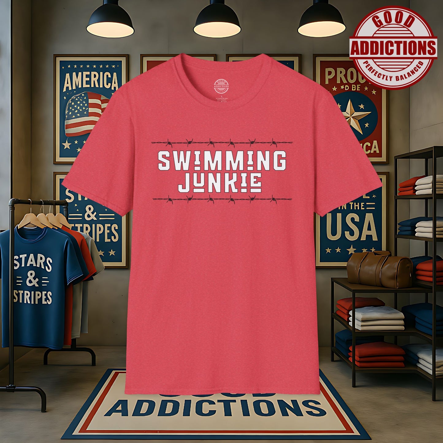Swimming Junkie T-Shirt – “Barbed Wire Edition” Good Addictions Tee for Swimmers, Coaches & Poolside Warriors
