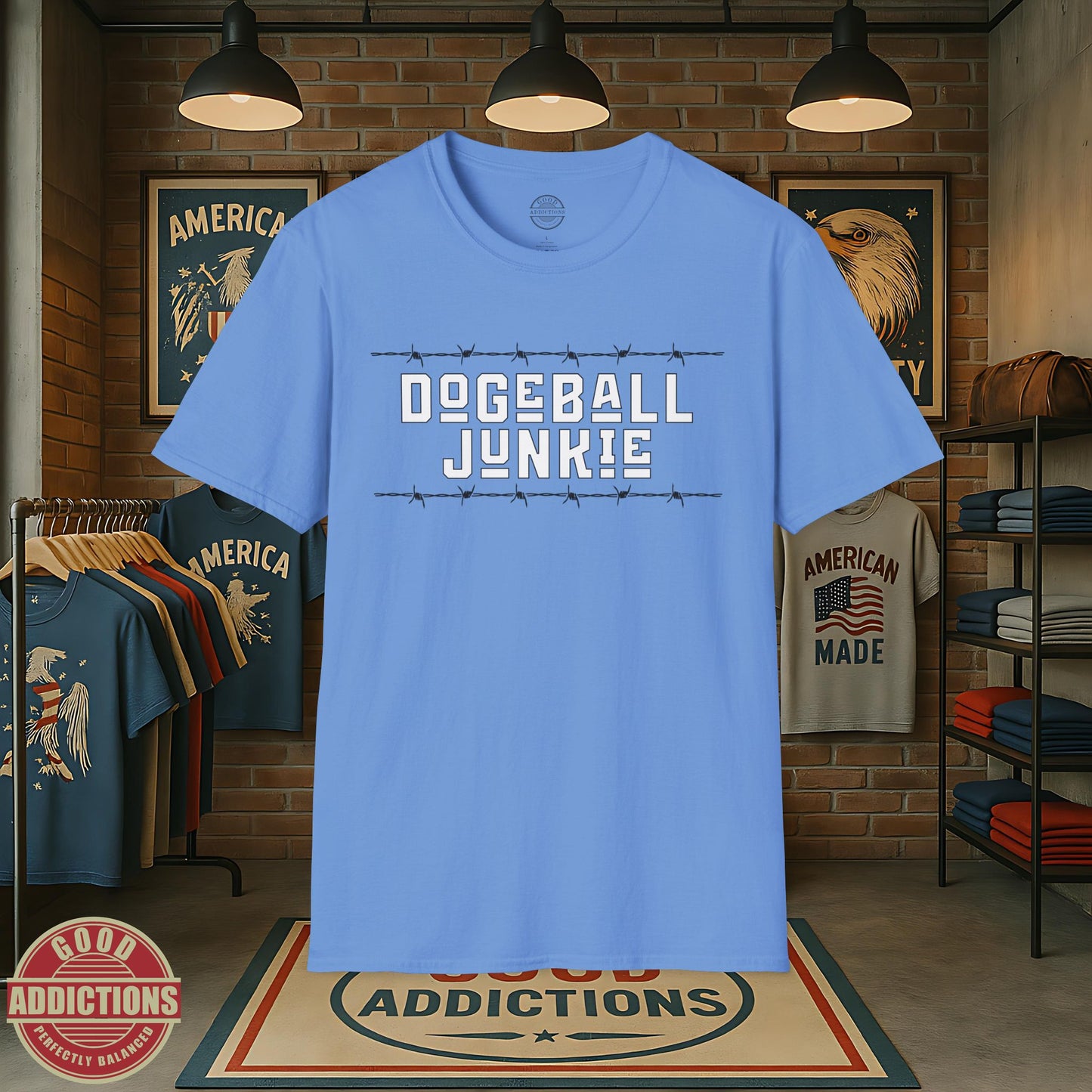 Dodgeball Junkie T-Shirt – “Barbed Wire Edition” Good Addictions Tee for Court Savages, Gym Warriors & Ball-Dodging Beasts