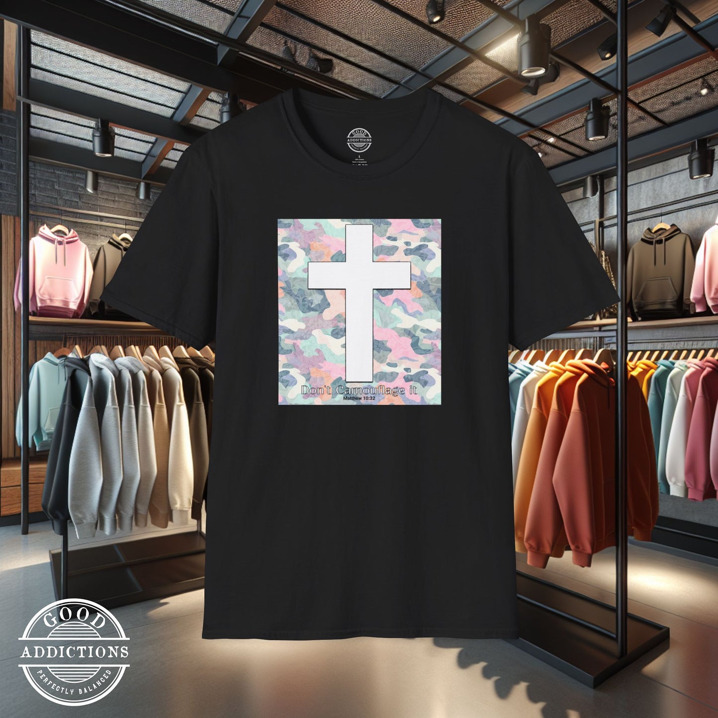 Faith T-Shirt – “Camo with White Cross” Bold Christian Tee for Spiritual Warriors, Believers & Kingdom Soldiers
