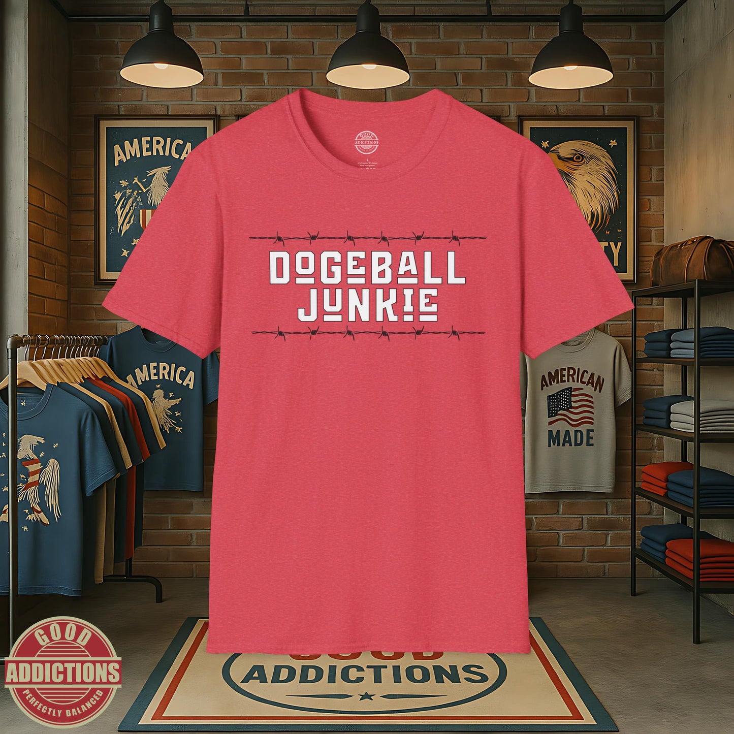 Dodgeball Junkie T-Shirt – “Barbed Wire Edition” Good Addictions Tee for Court Savages, Gym Warriors & Ball-Dodging Beasts