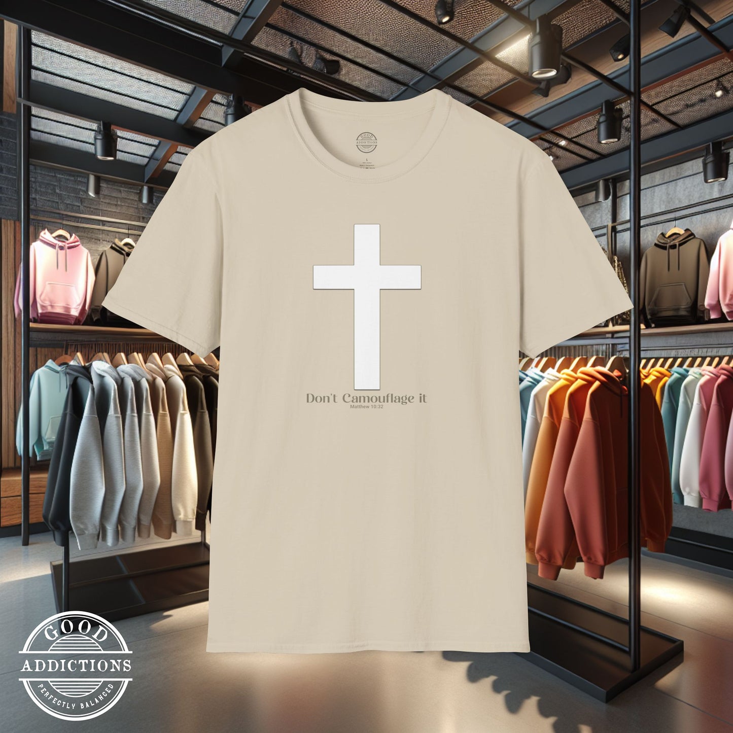 Don’t Camouflage It T-Shirt – “White Cross on Camo” Bold Christian Tee for Faith Warriors, Believers & Soldiers of Christ