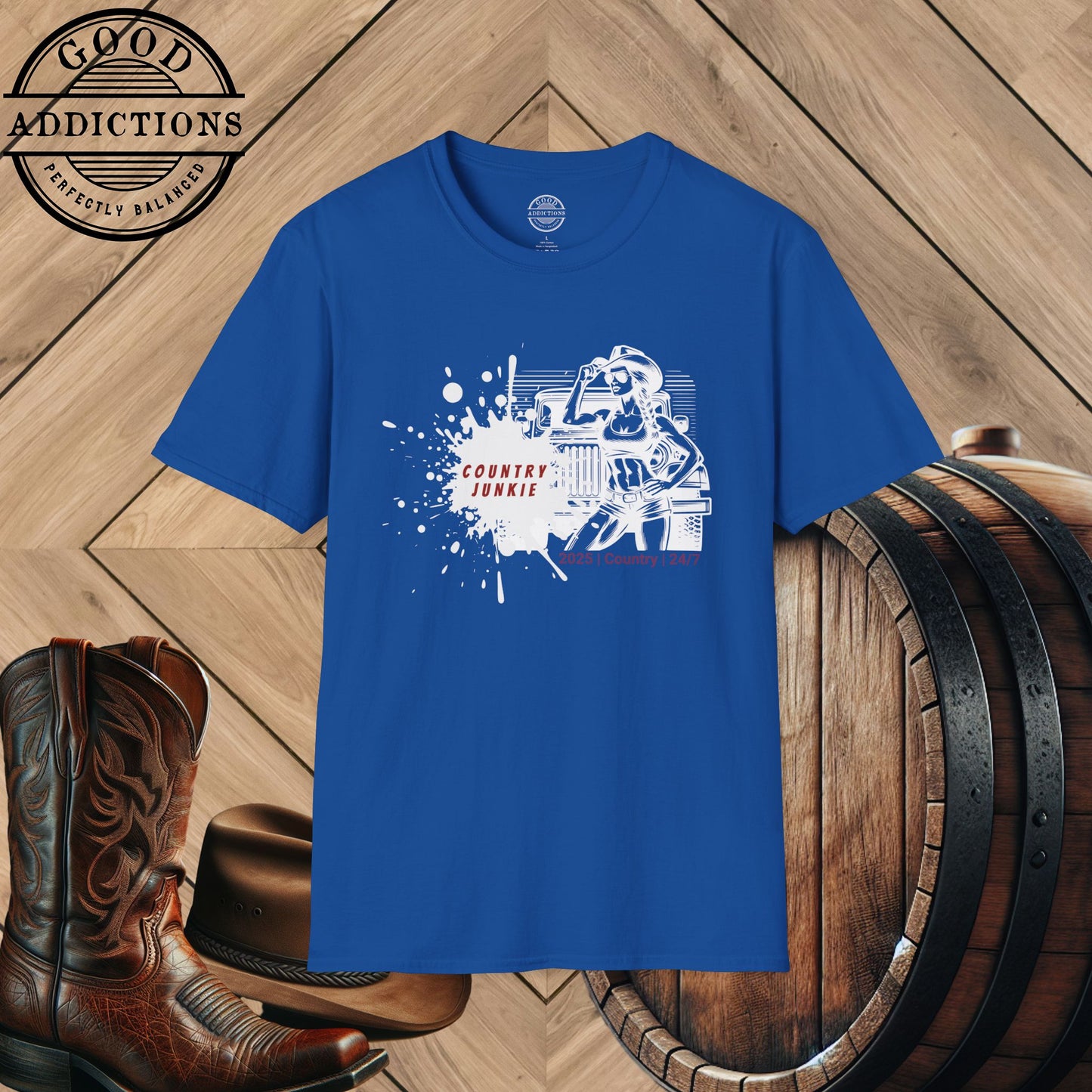 Country Junkie T-Shirt – “Cowgirl & Jeep” Good Addictions Tee for Rodeo Babes, Wild Souls & Southern Queens