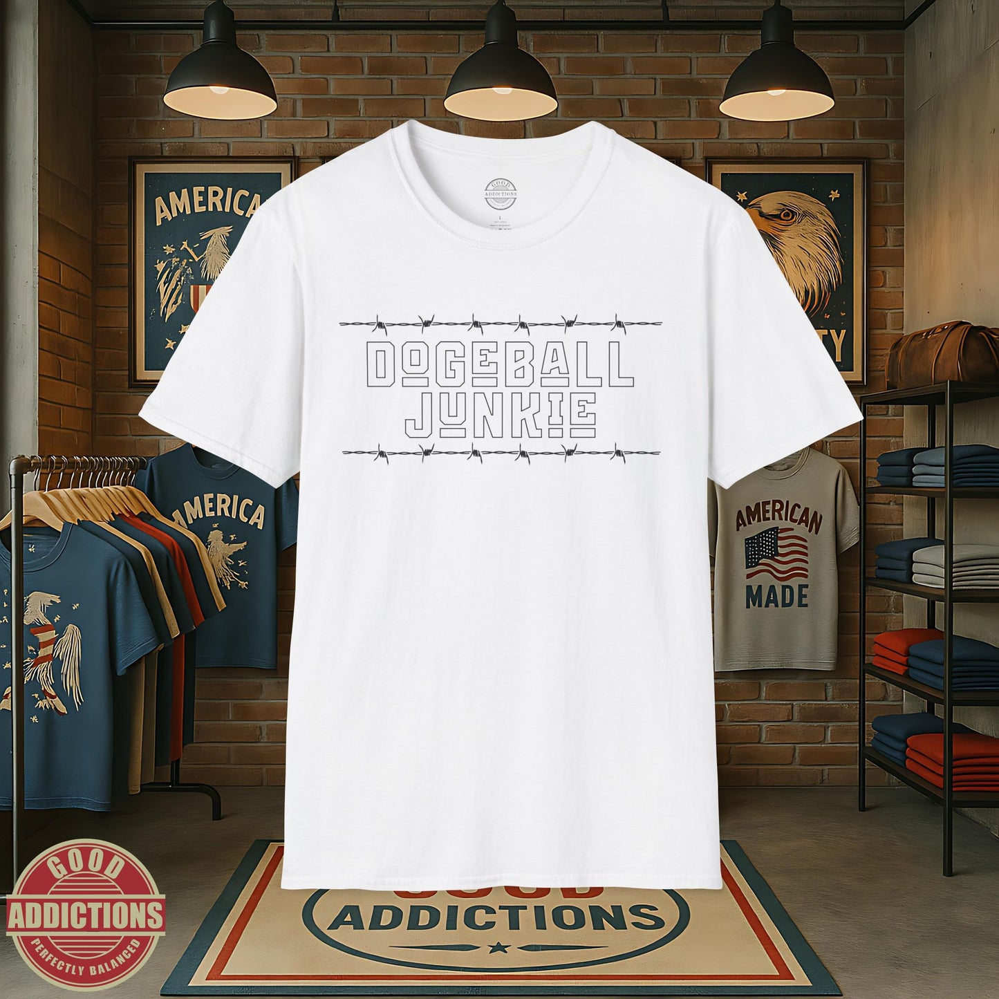 Dodgeball Junkie T-Shirt – “Barbed Wire Edition” Good Addictions Tee for Court Savages, Gym Warriors & Ball-Dodging Beasts